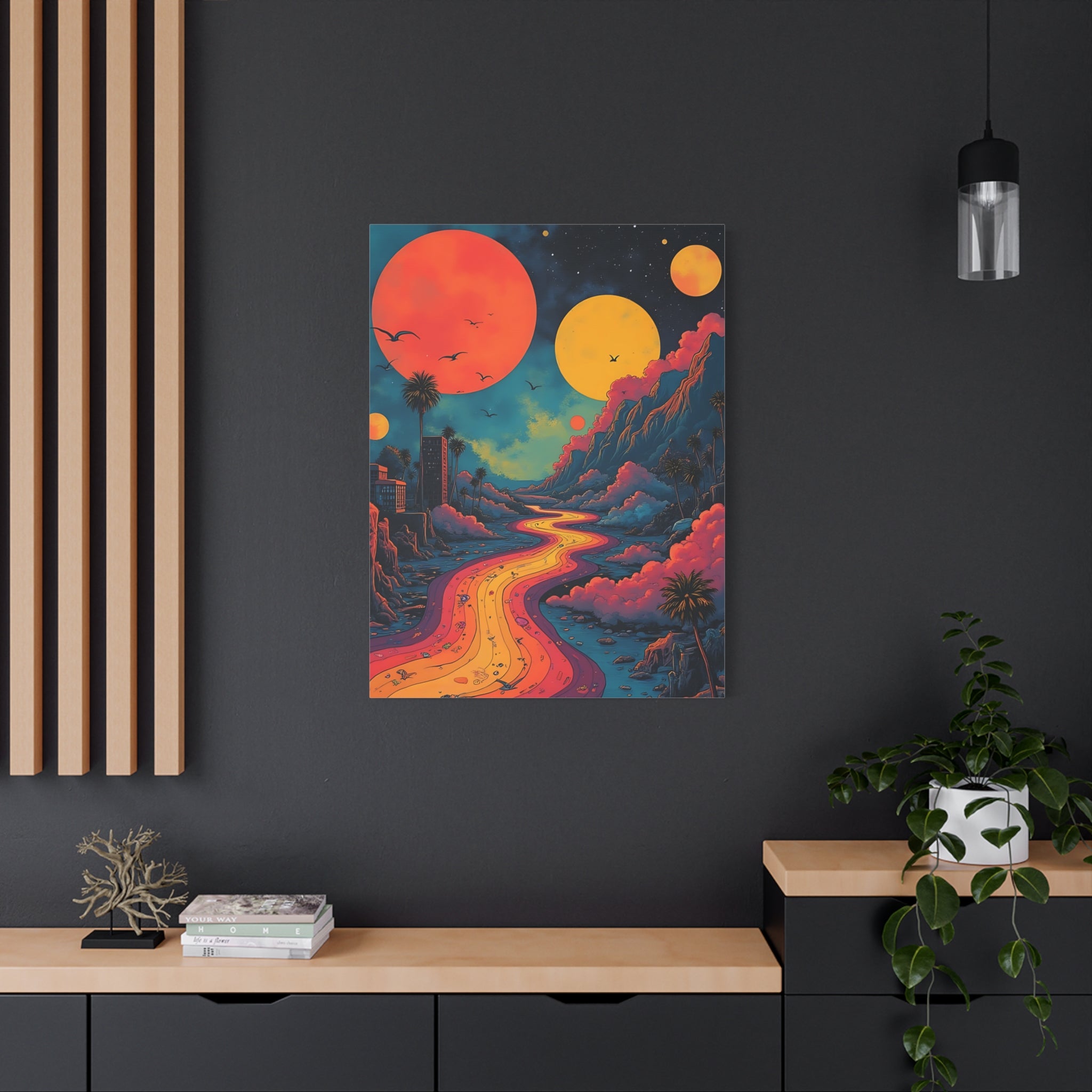 Psychedelic Sunset River Canvas Wall Art — Vibrant Retro Landscape Matte Stretched Print