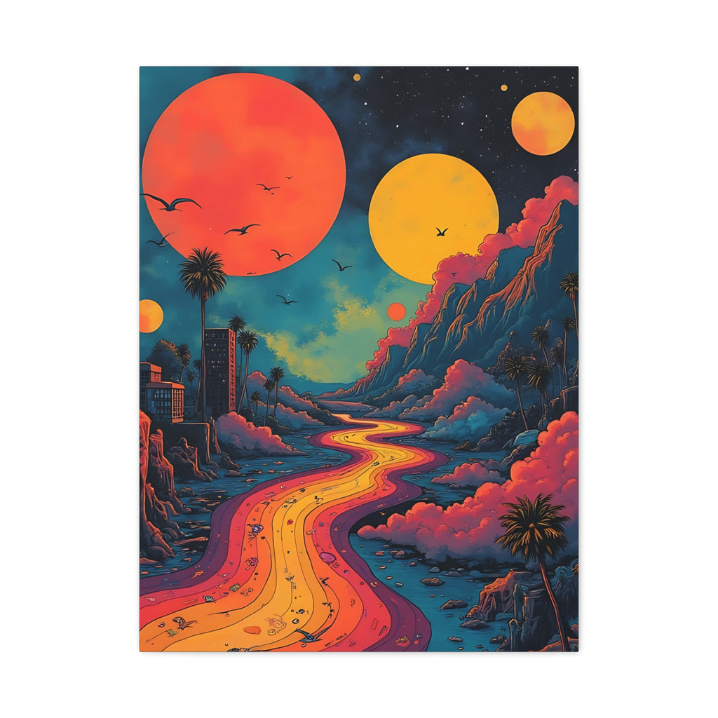 Psychedelic Sunset River Canvas Wall Art — Vibrant Retro Landscape Matte Stretched Print