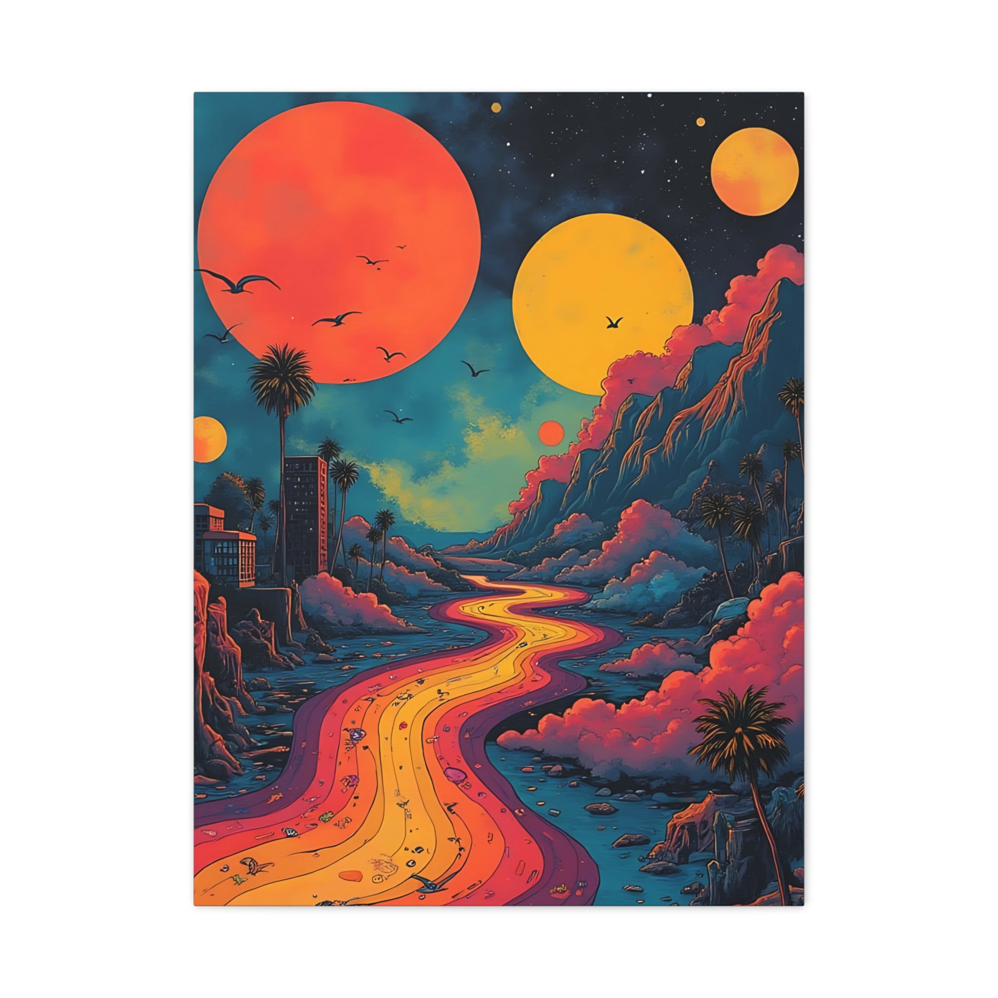 Psychedelic Sunset River Canvas Wall Art — Vibrant Retro Landscape Matte Stretched Print