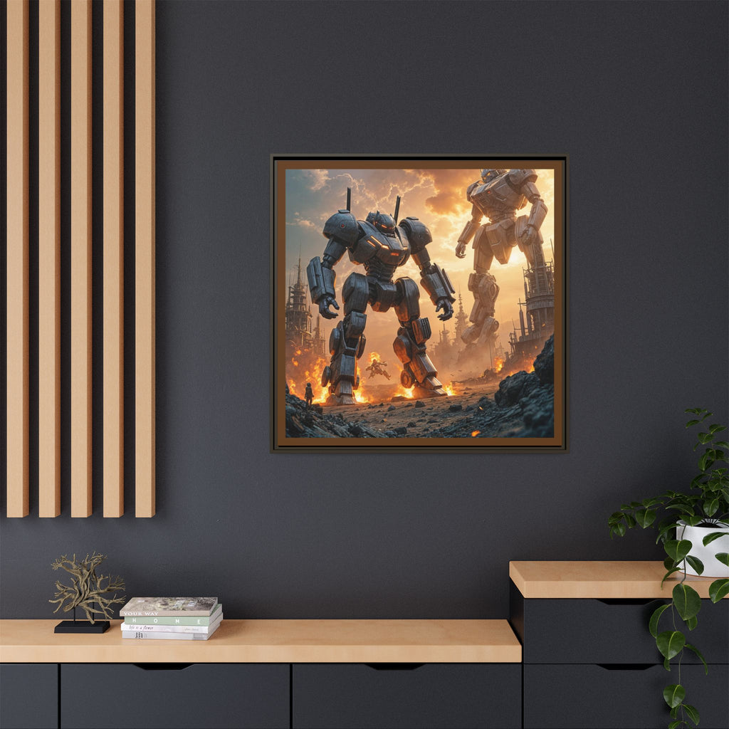 Framed Matte Canvas - Giant Mech Battle Scene Wall Art
