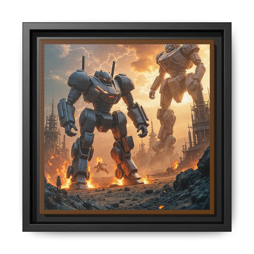 Framed Matte Canvas - Giant Mech Battle Scene Wall Art