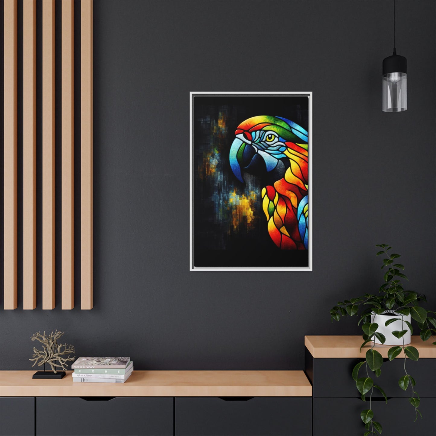 Framed Canvas Art Print, Regal and Rustic Parrot, Mosaic Style Art