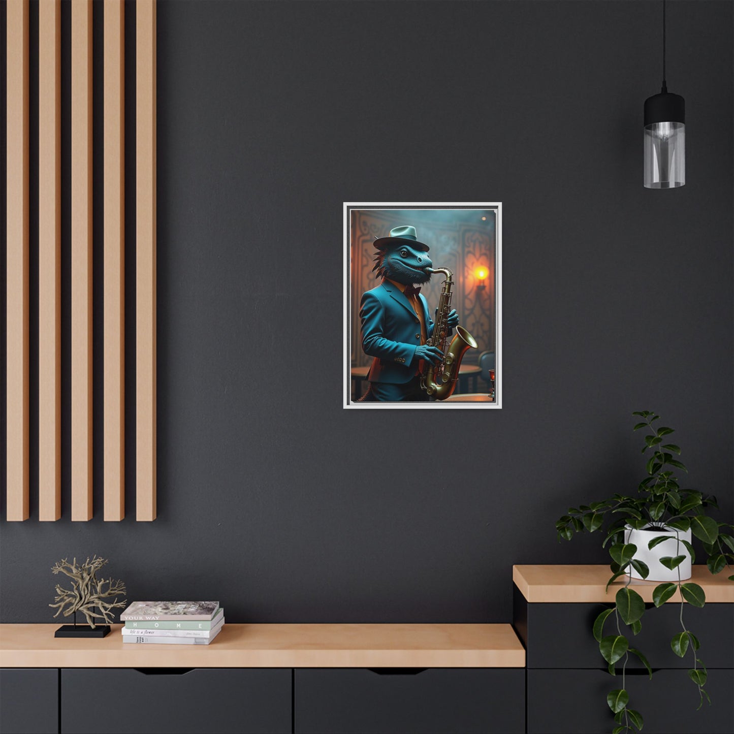 Bearded Dragon Playing the Saxophone Wall Artrt Print on Canvas, Framed (Multi-color)