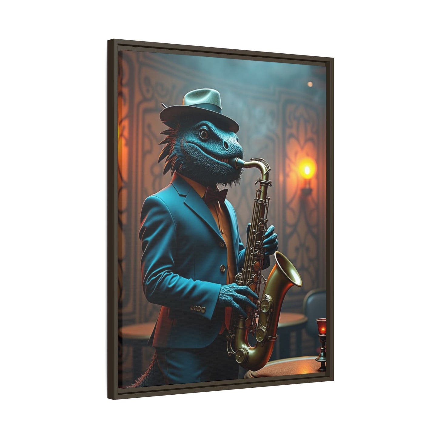 Bearded Dragon Playing the Saxophone Wall Artrt Print on Canvas, Framed (Multi-color)