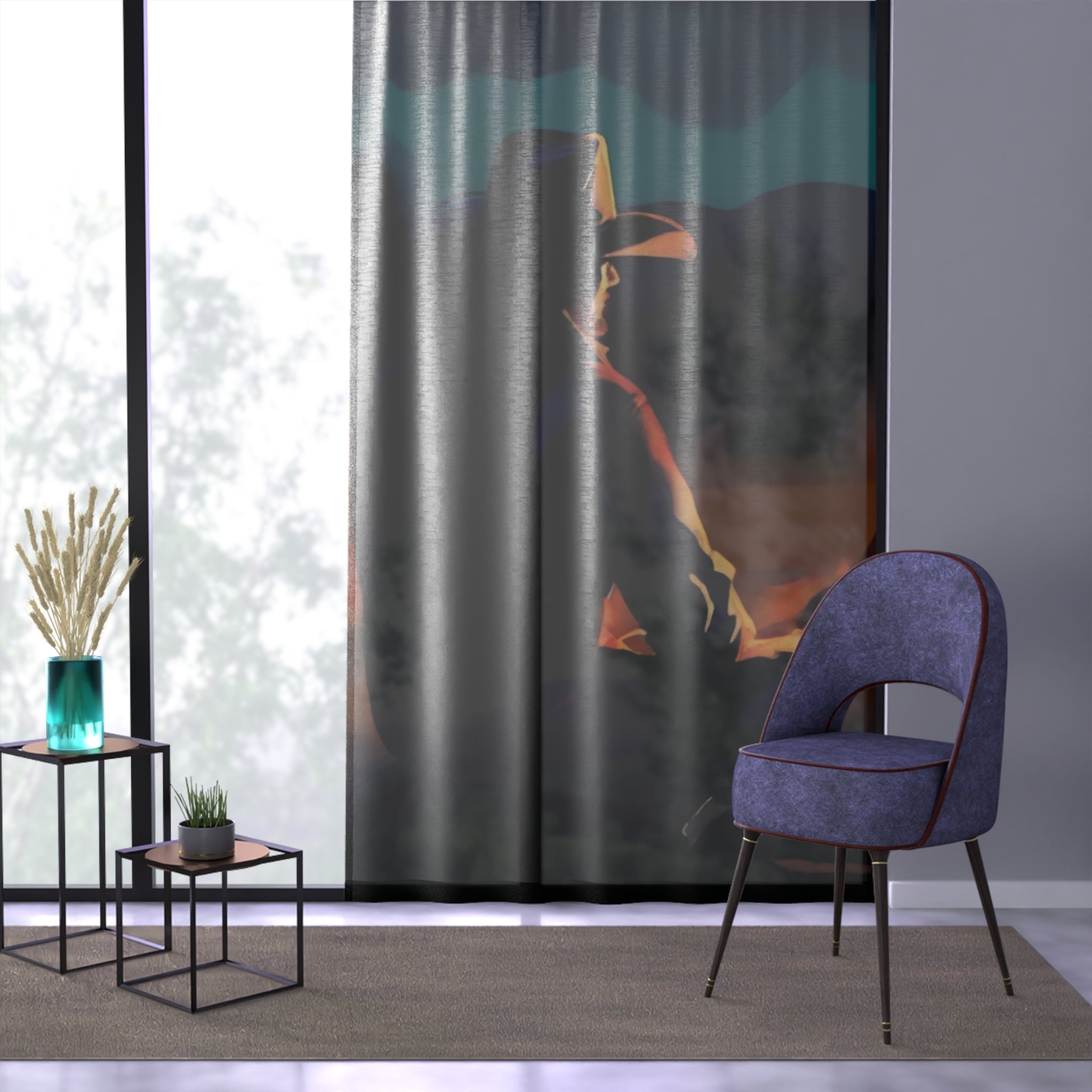 Abstract Western Silohette Window Curtain – Dark Smoky Cowboy Campfire Decorative Sheer Curtain Panel