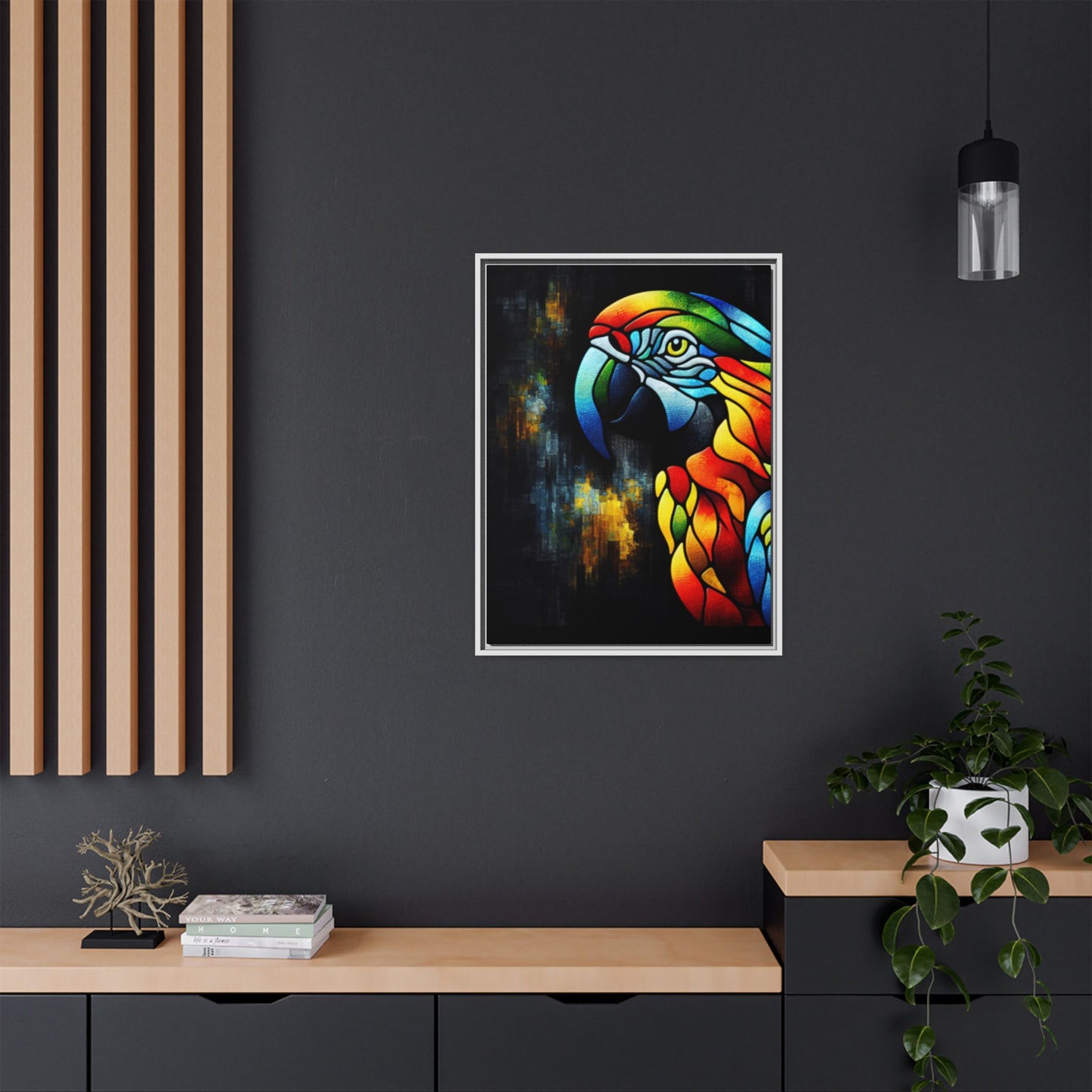 Framed Canvas Art Print, Regal and Rustic Parrot, Mosaic Style Art