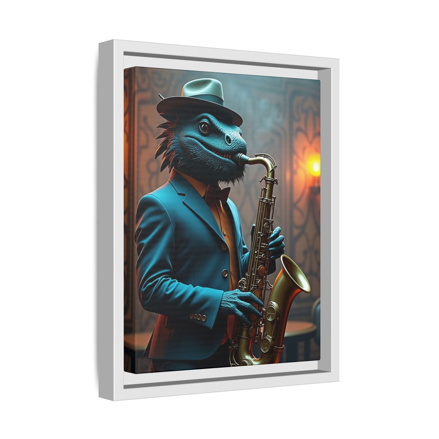 Bearded Dragon Playing the Saxophone Wall Artrt Print on Canvas, Framed (Multi-color)