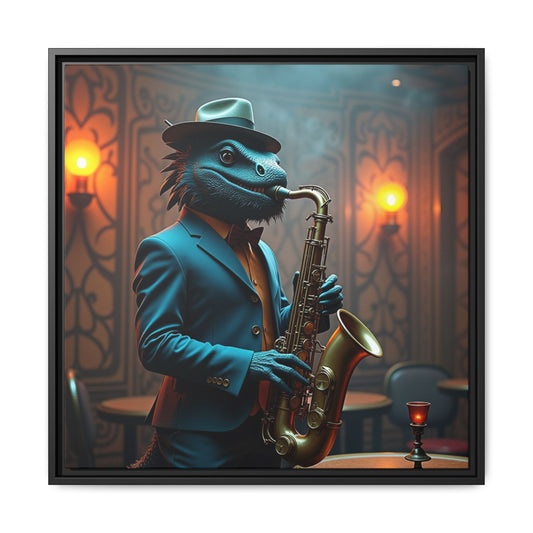 Framed Canvas Art Print,  Jazz Saxophone-Playing Bearded Dragon Wall Art