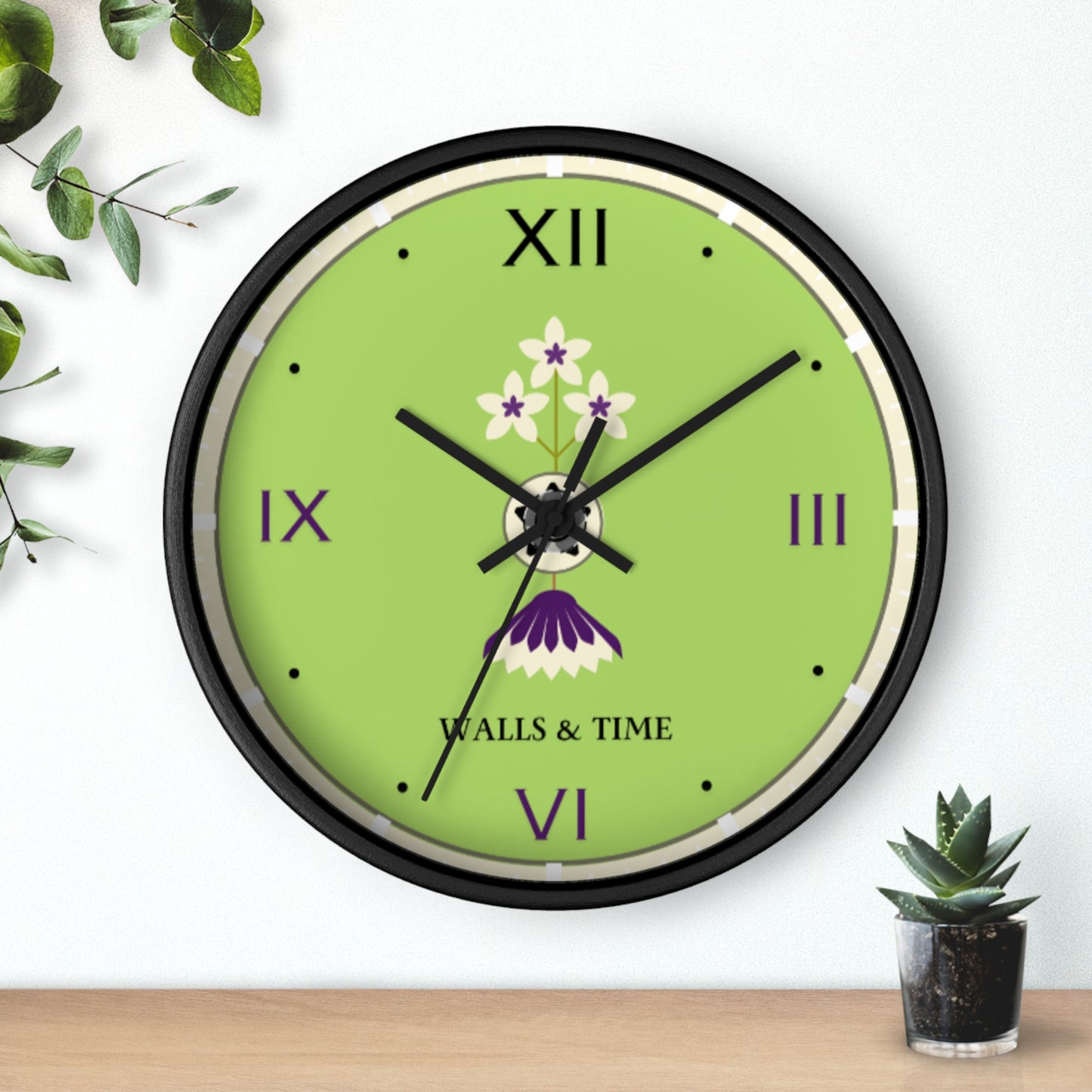 Decorative Silent Wall Clock, Light Green, Floral