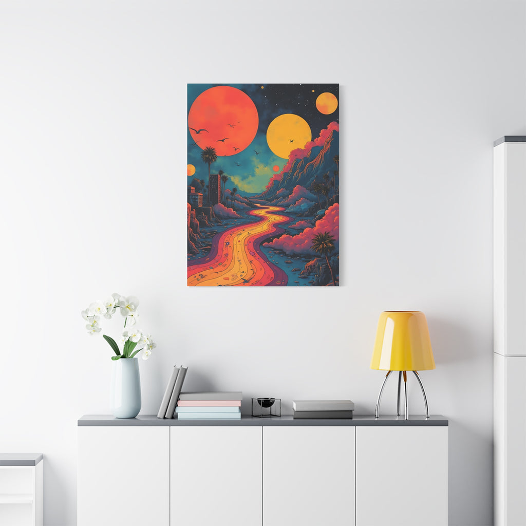 Psychedelic Sunset River Canvas Wall Art — Vibrant Retro Landscape Matte Stretched Print