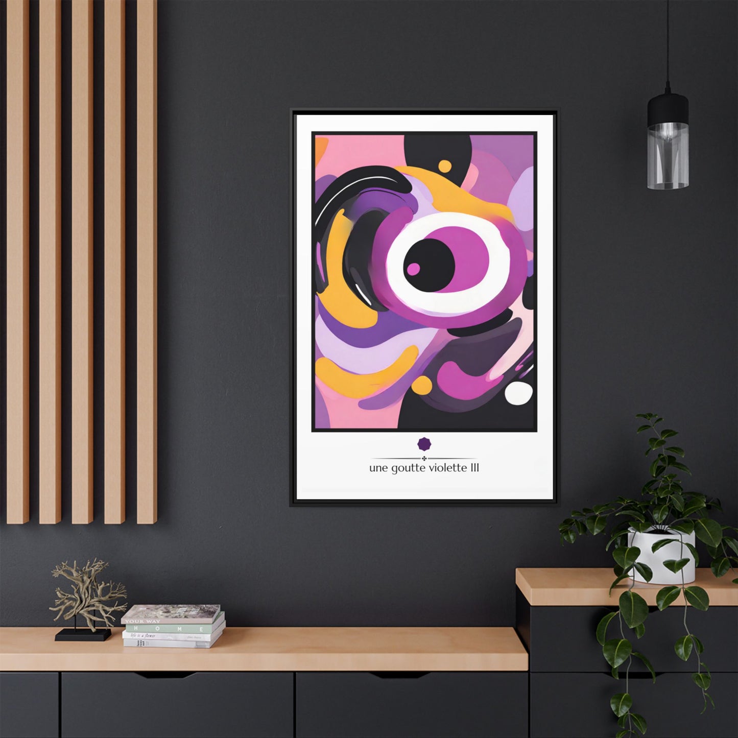 "Une Goutte Violette III" a Digital Painting for Kids, Set of 3, Matte Canvas, Black Frame