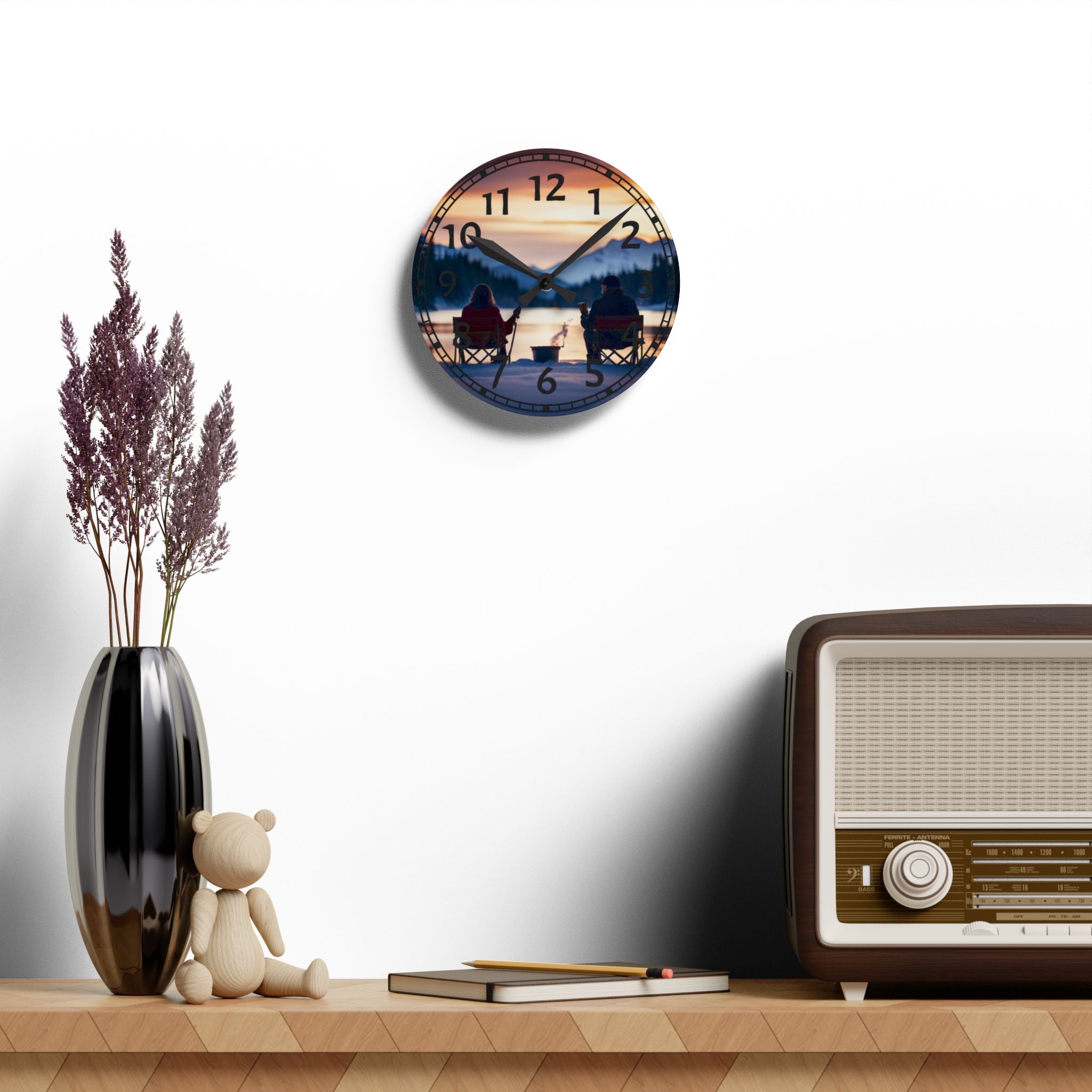 Acrylic Wall Clock — Cozy Lakeside Sunset Couples Design