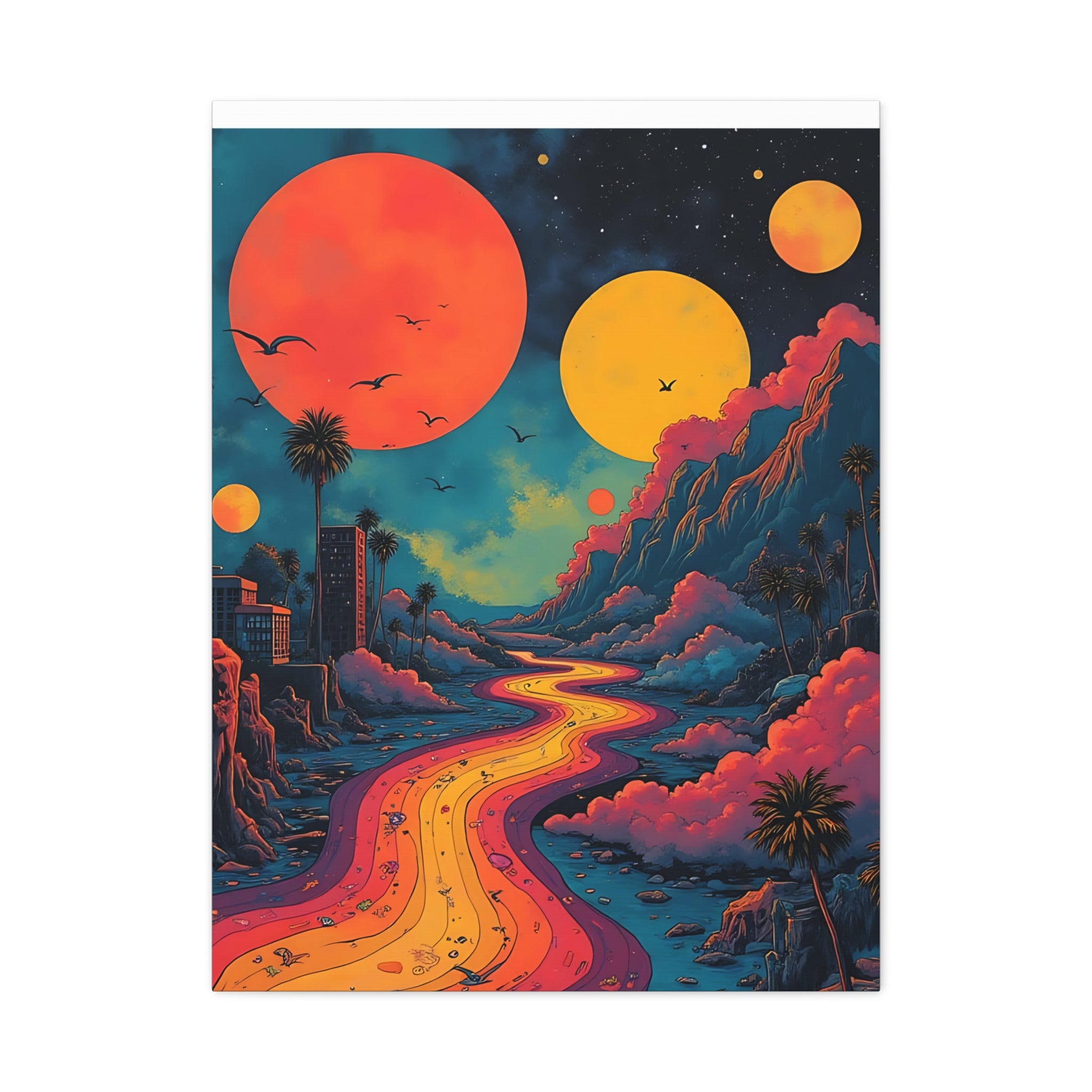 Psychedelic Sunset River Canvas Wall Art — Vibrant Retro Landscape Matte Stretched Print