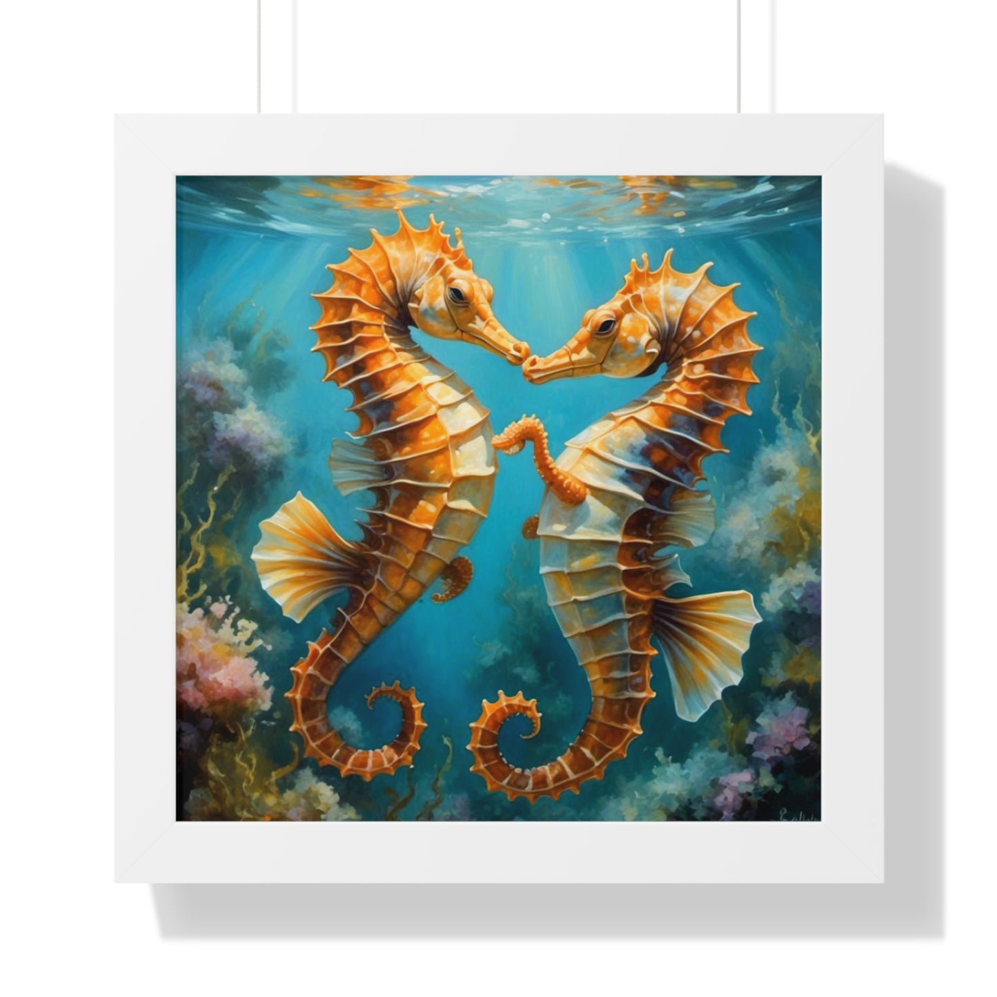 Framed Poster Art Print - Seahorses in Love Digital Painting