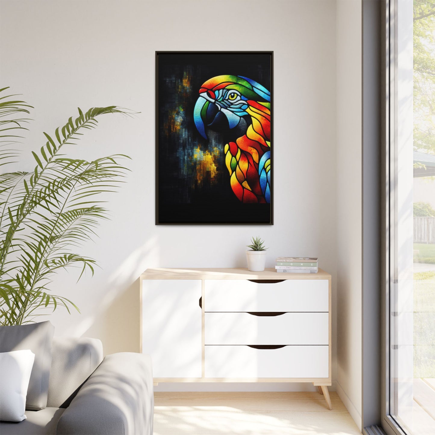 Framed Canvas Art Print, Regal and Rustic Parrot, Mosaic Style Art