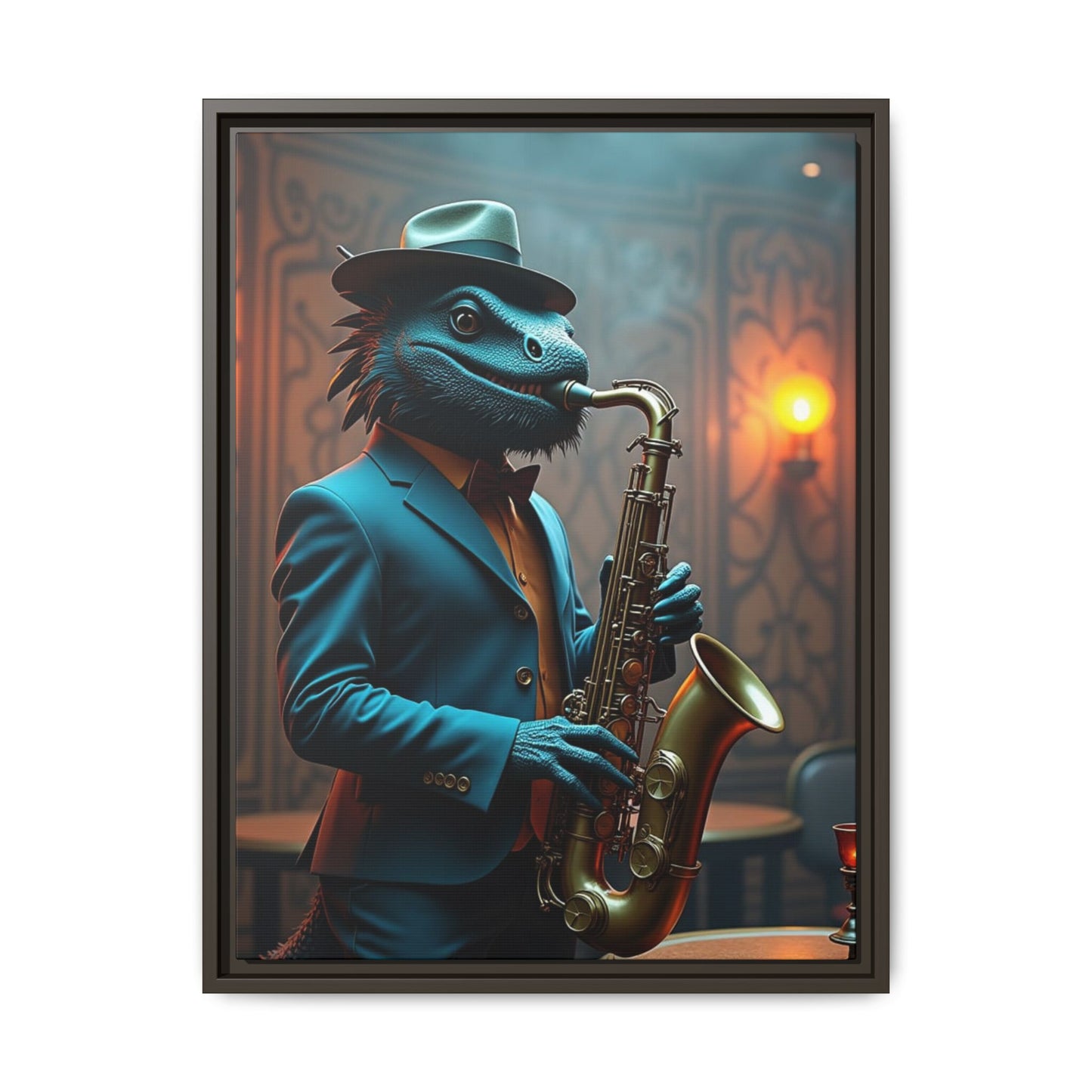 Bearded Dragon Playing the Saxophone Wall Artrt Print on Canvas, Framed (Multi-color)