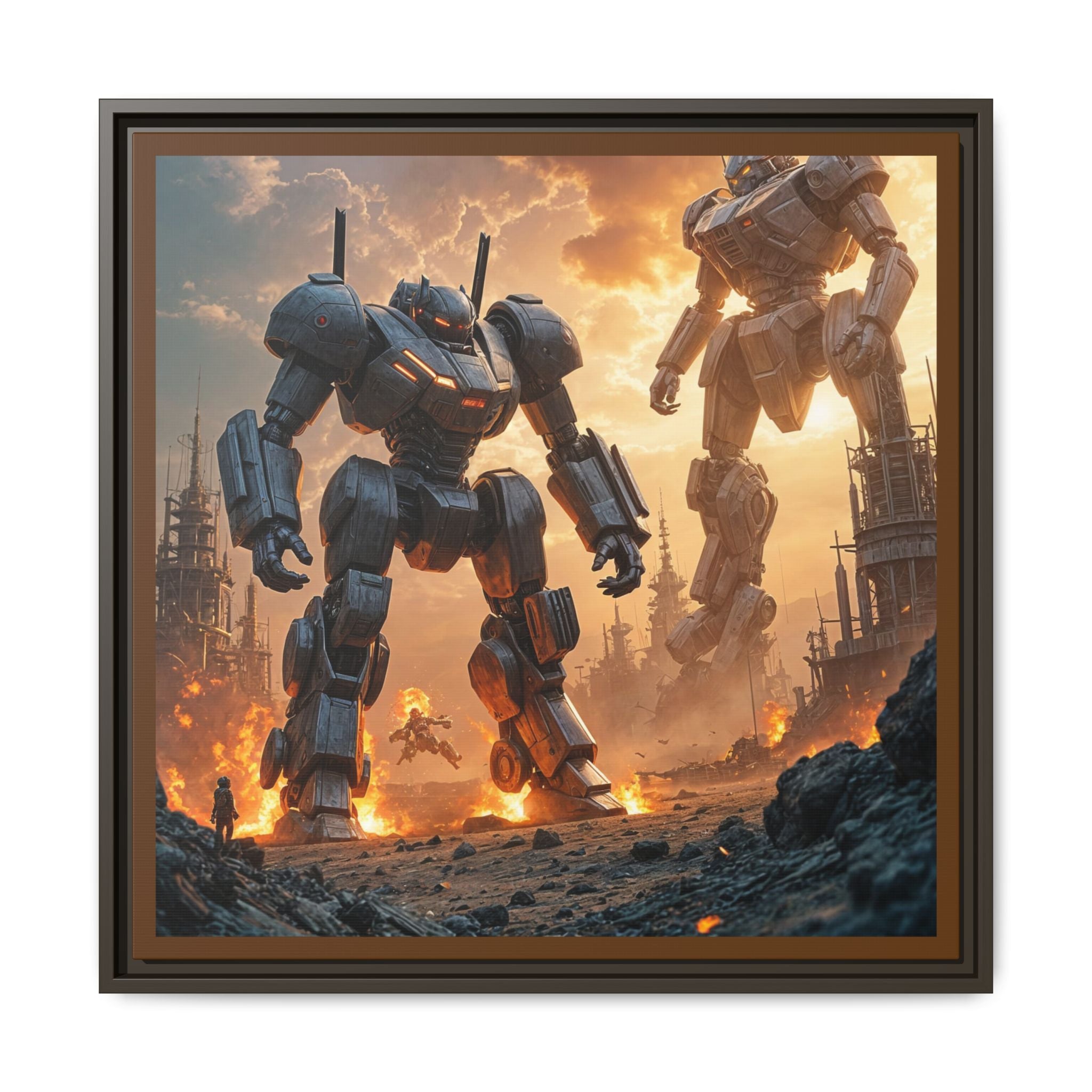 Framed Matte Canvas - Giant Mech Battle Scene Wall Art
