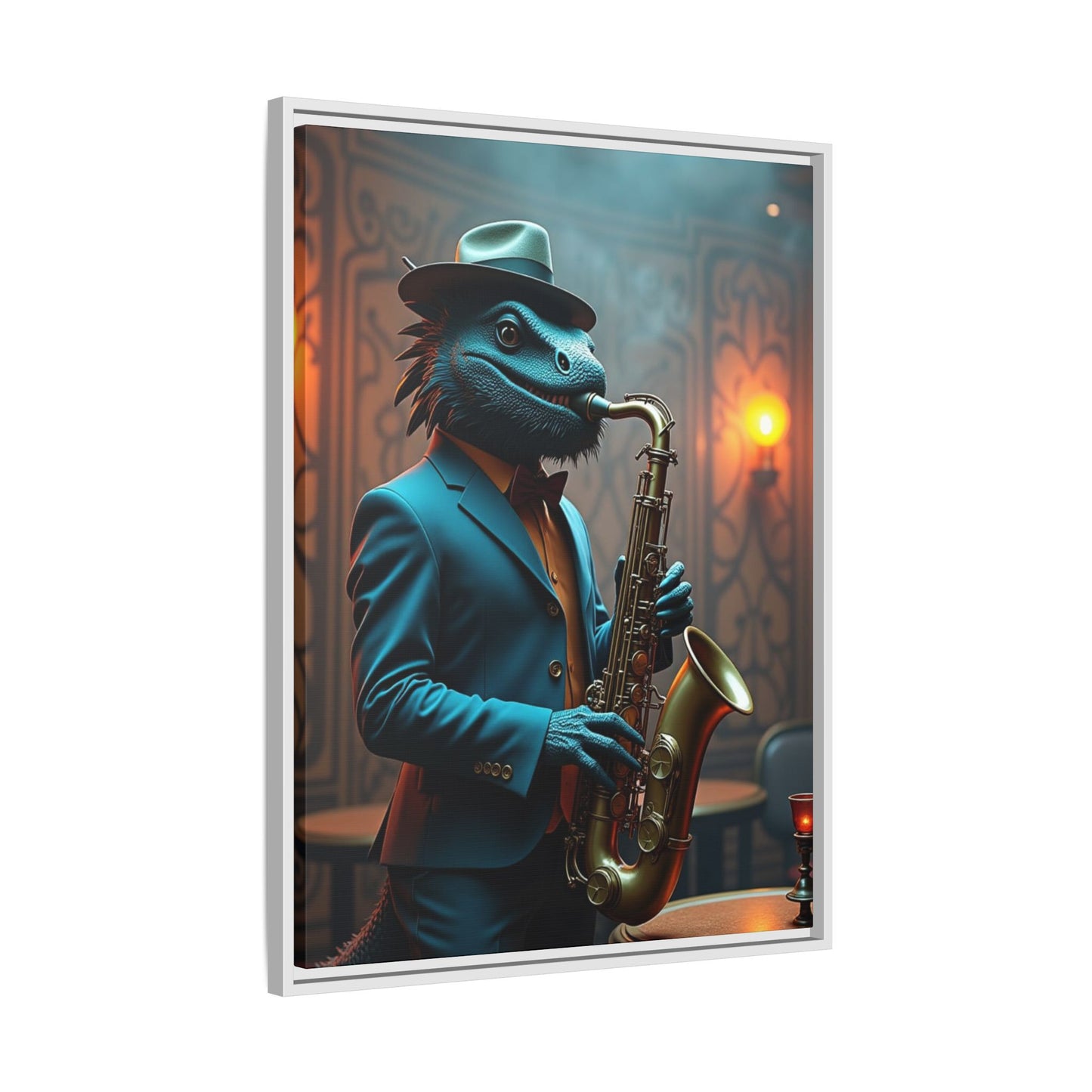 Bearded Dragon Playing the Saxophone Wall Artrt Print on Canvas, Framed (Multi-color)