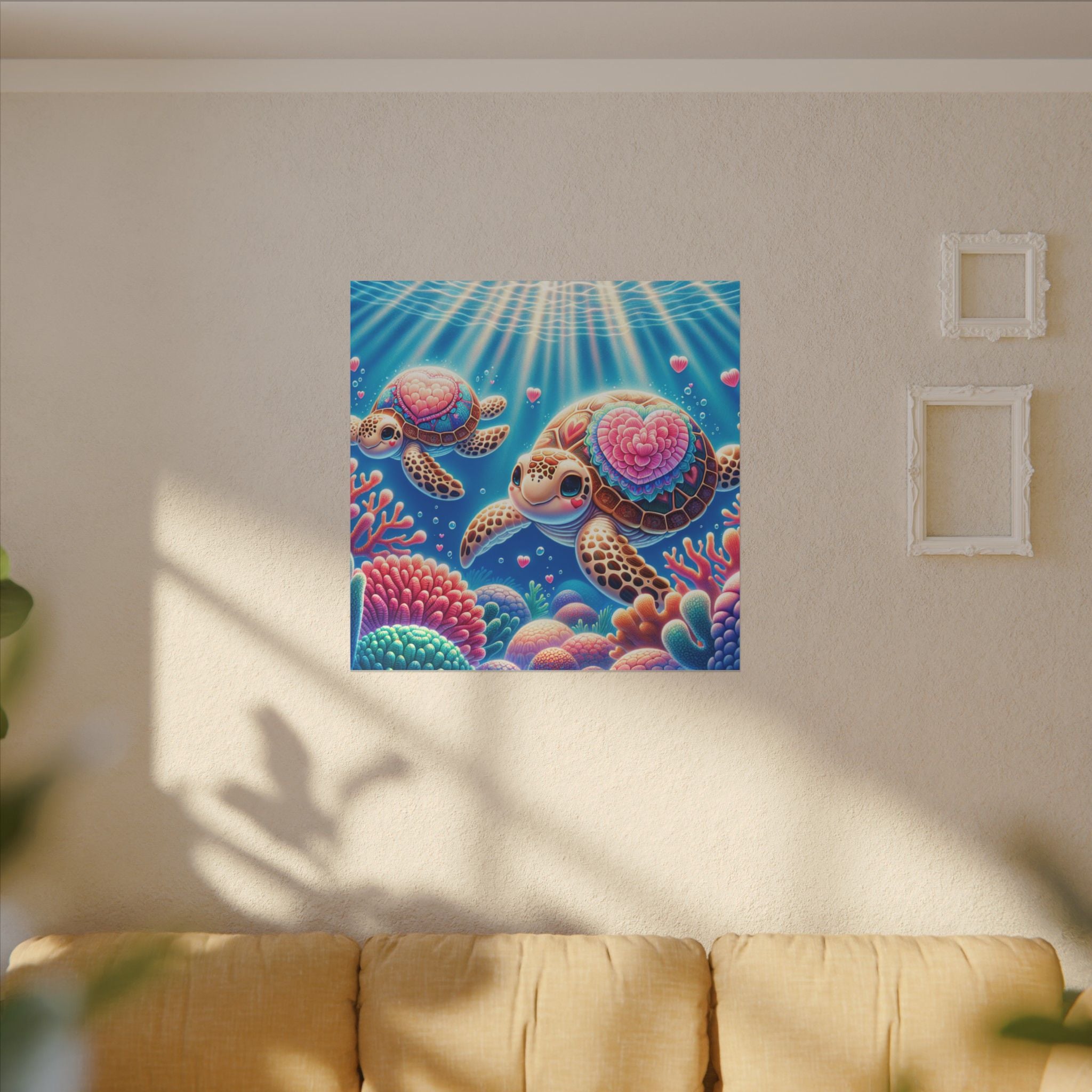 Sea Turtle Canvas Wall Art — Colorful Heart Shells Ocean Print