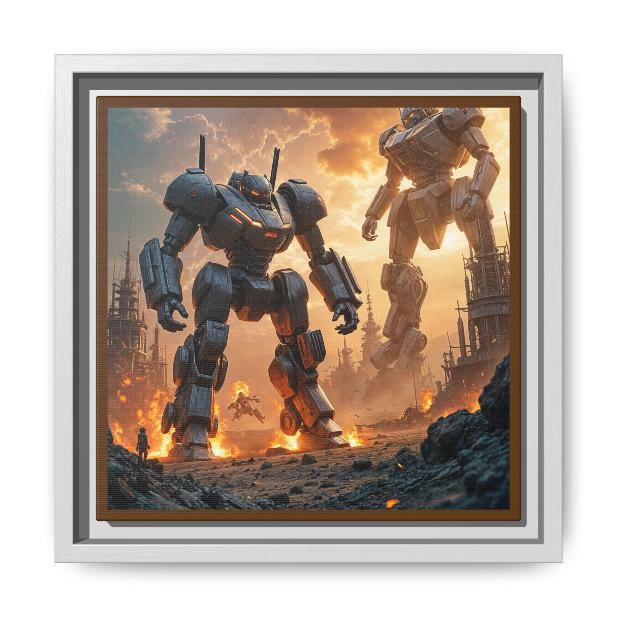 Framed Matte Canvas - Giant Mech Battle Scene Wall Art