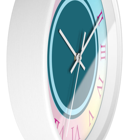 10" Round Pink Wall Clock with pink numbers, teal gradient w white accents