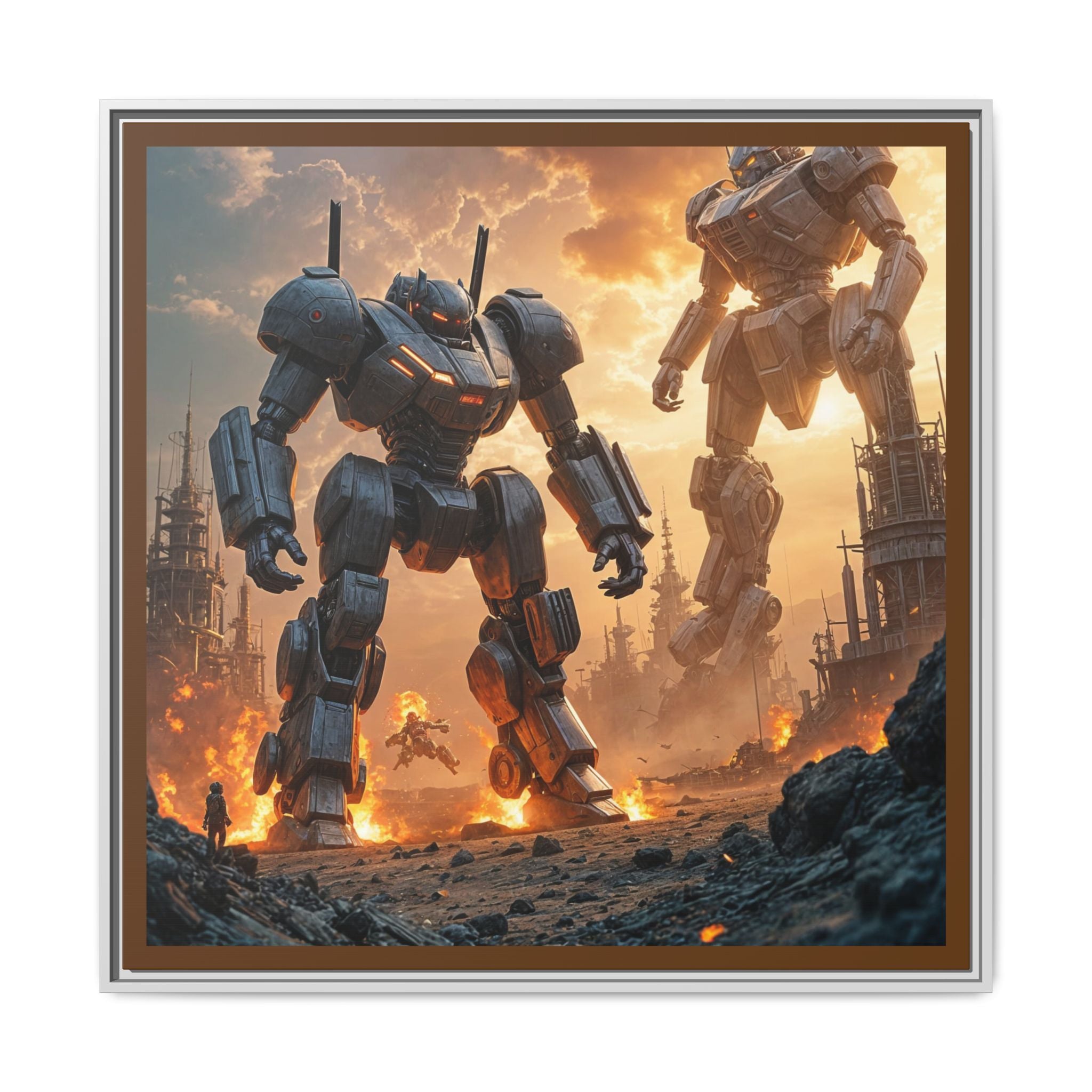 Framed Matte Canvas - Giant Mech Battle Scene Wall Art