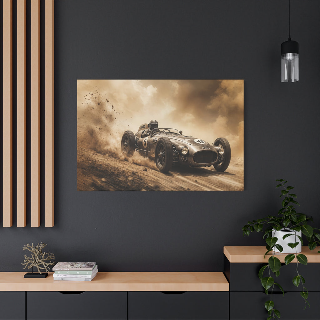 Vintage Racecar Wall Art Canvas – Sepia Classic Motorsport Print