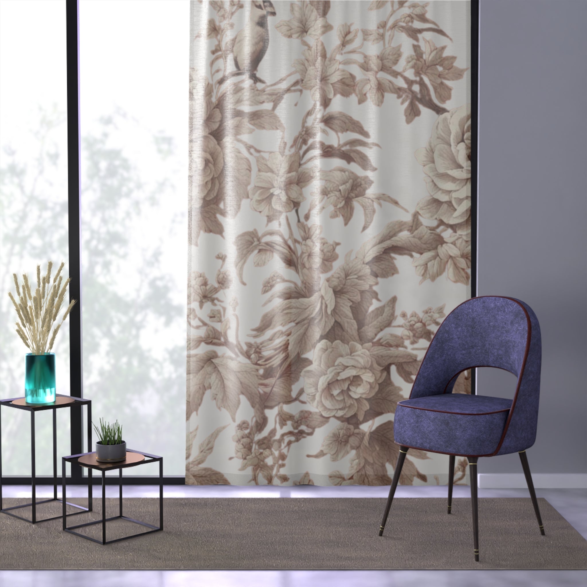 Floral Sheer Window Curtain – Vintage Sepia Rose Print