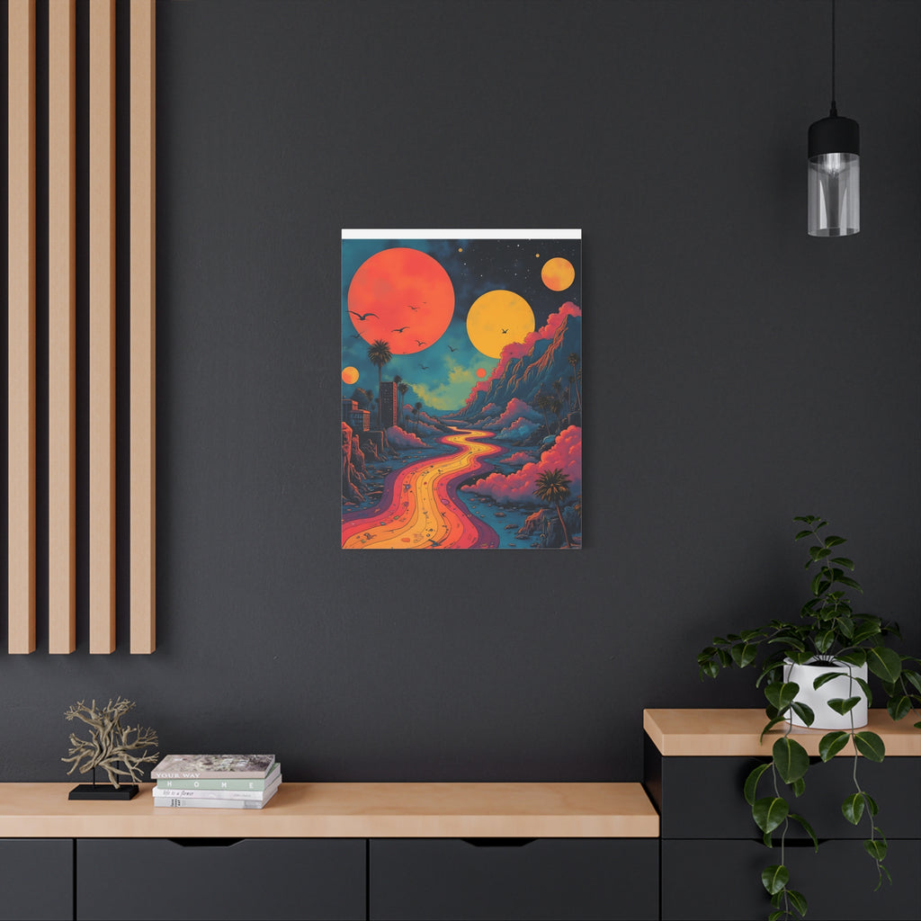 Psychedelic Sunset River Canvas Wall Art — Vibrant Retro Landscape Matte Stretched Print