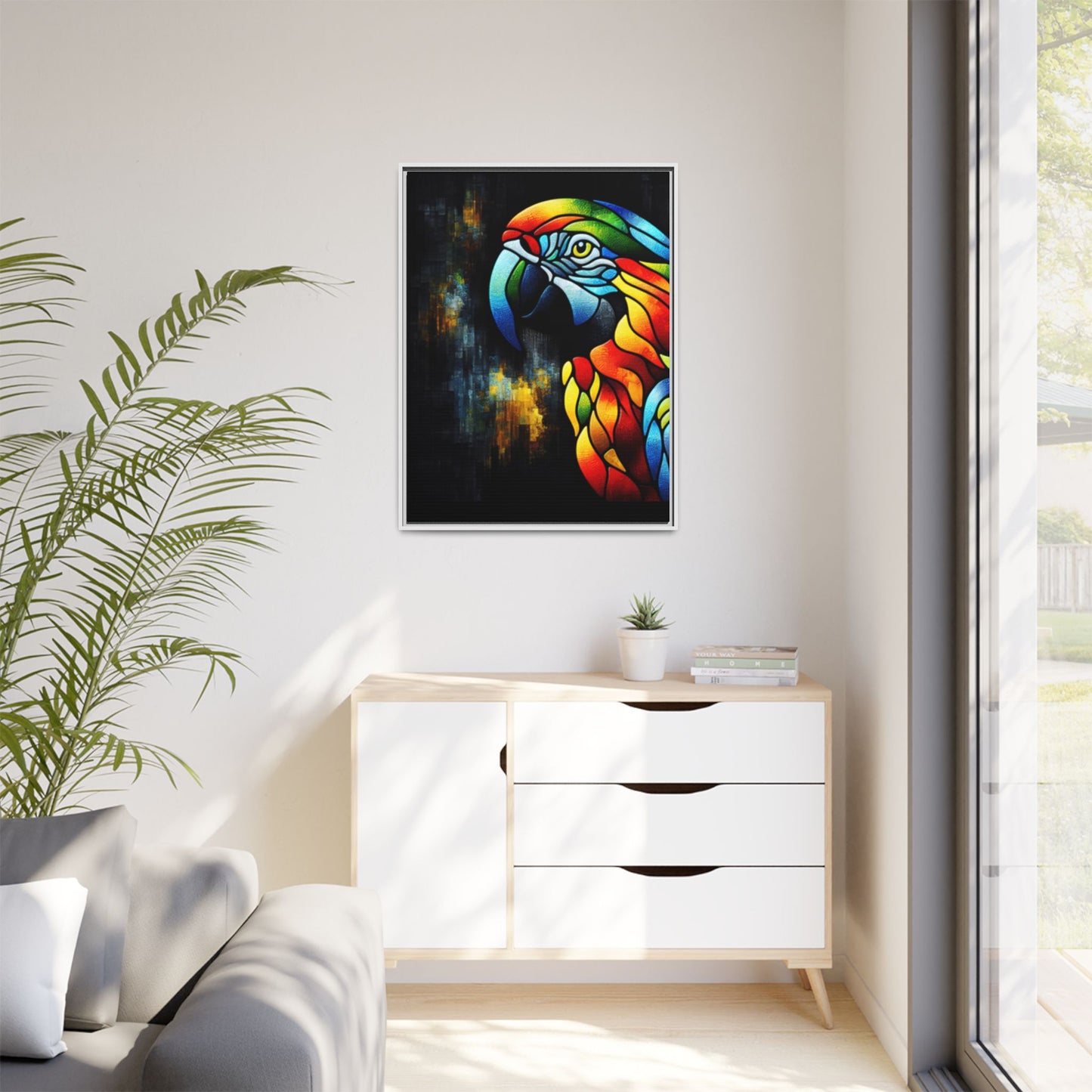 Framed Canvas Art Print, Regal and Rustic Parrot, Mosaic Style Art