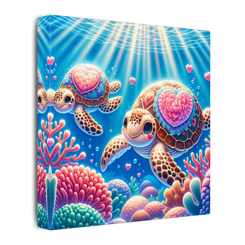 Sea Turtle Canvas Wall Art — Colorful Heart Shells Ocean Print