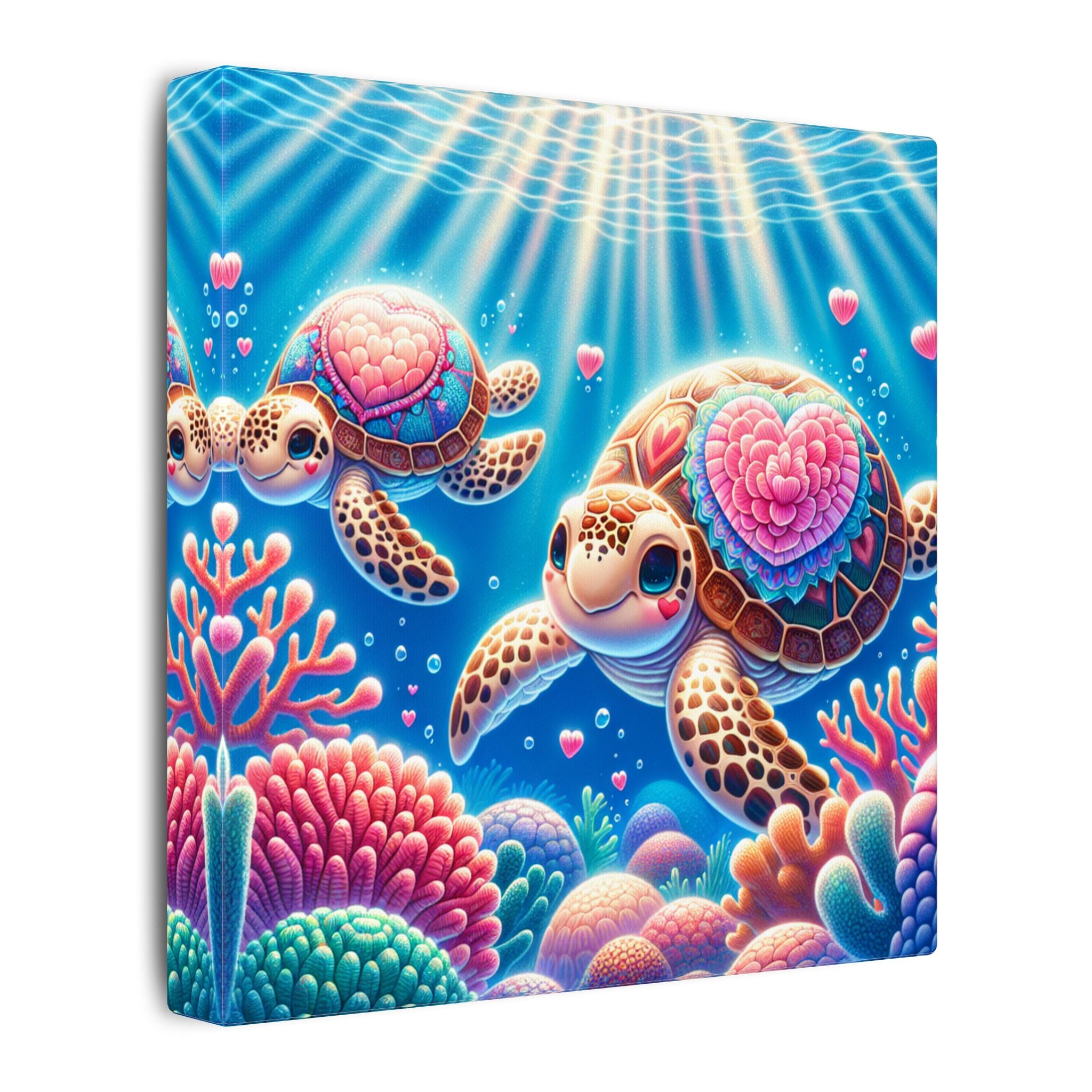 Sea Turtle Canvas Wall Art — Colorful Heart Shells Ocean Print
