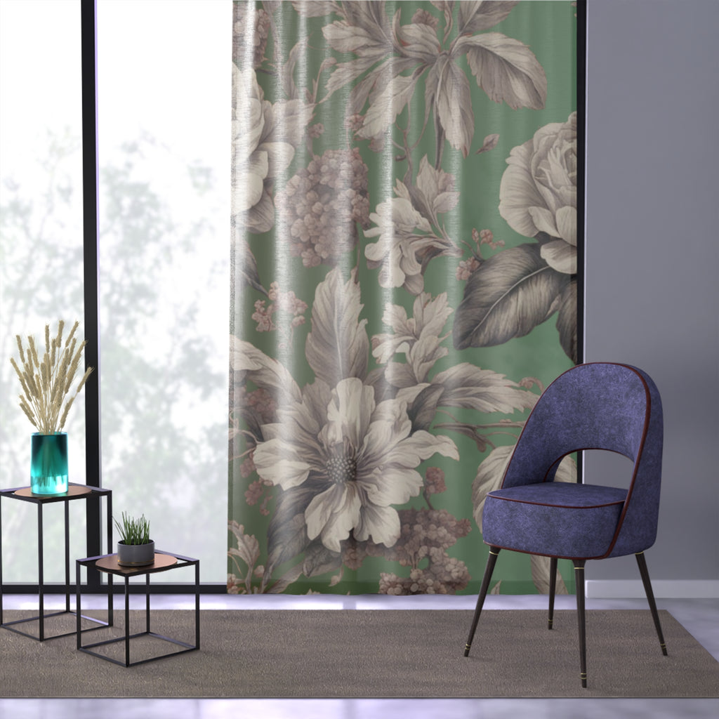 Floral Vintage Window Curtain – Green Botanical Drapes with Large Rose & Hibiscus Print