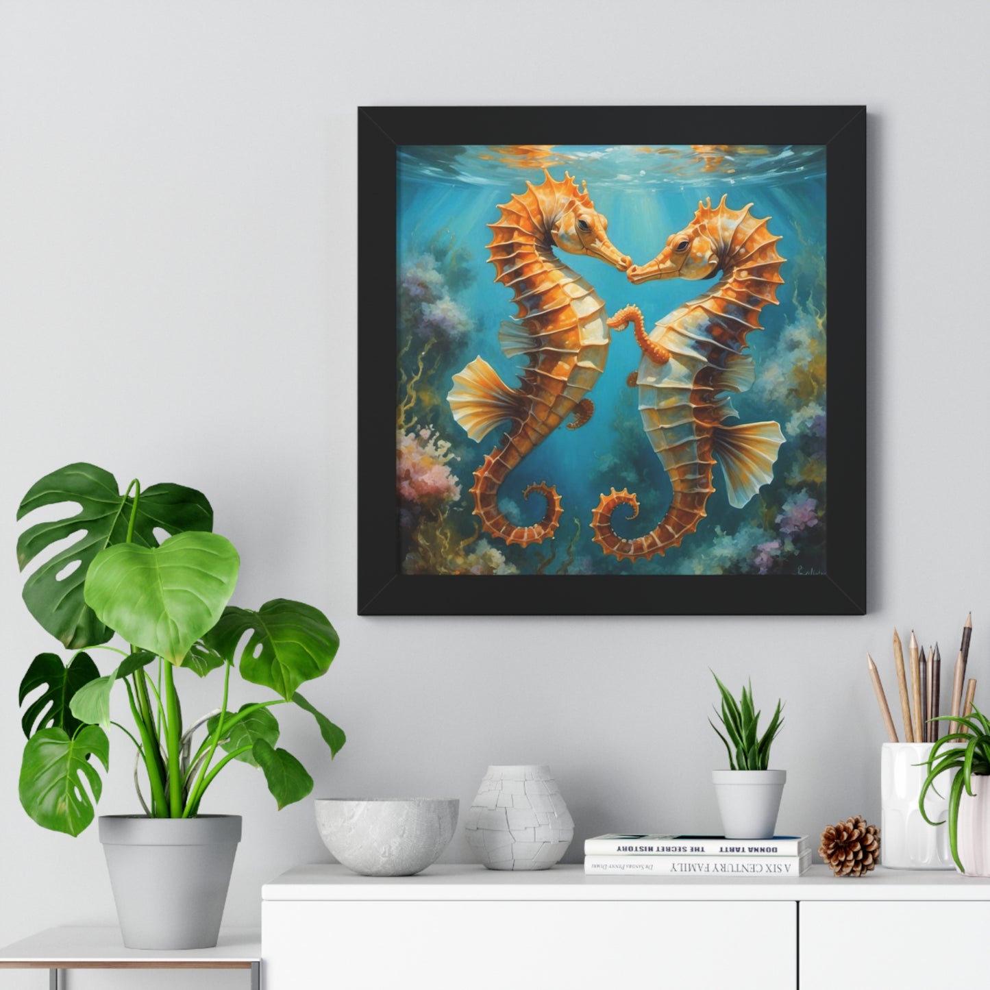 Framed Poster Art Print - Seahorses in Love Digital Painting