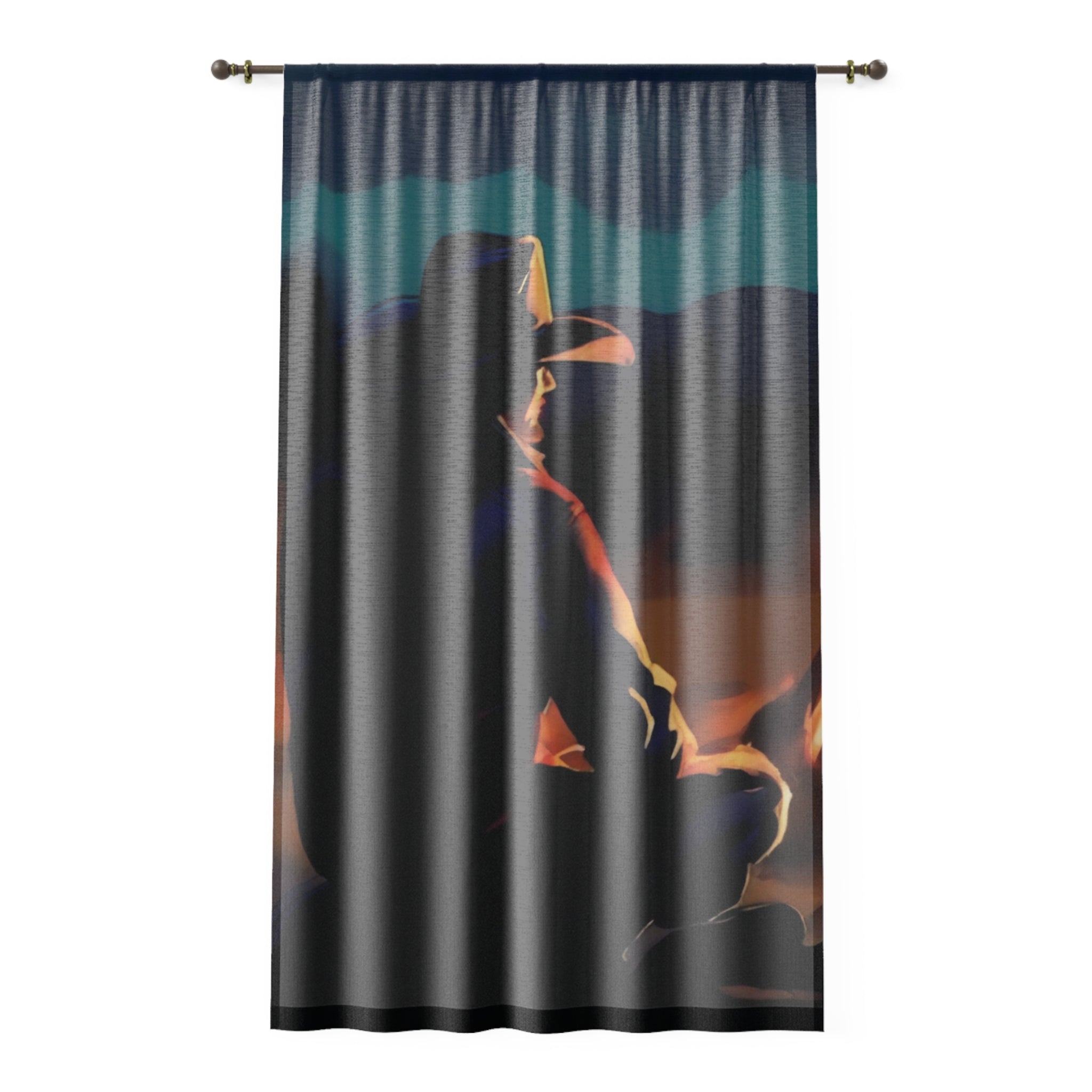 Abstract Western Silohette Window Curtain – Dark Smoky Cowboy Campfire Decorative Sheer Curtain Panel