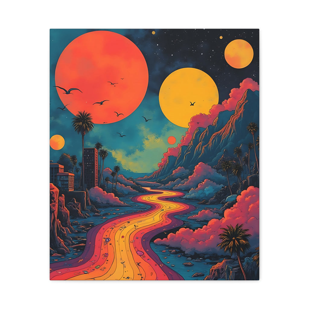 Psychedelic Sunset River Canvas Wall Art — Vibrant Retro Landscape Matte Stretched Print