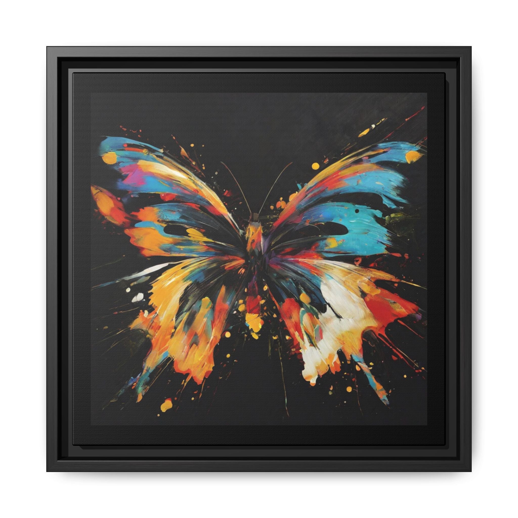 Framed Canvas Art Print, Butterfly Splatter Paint Wall Art on Black Matte Background