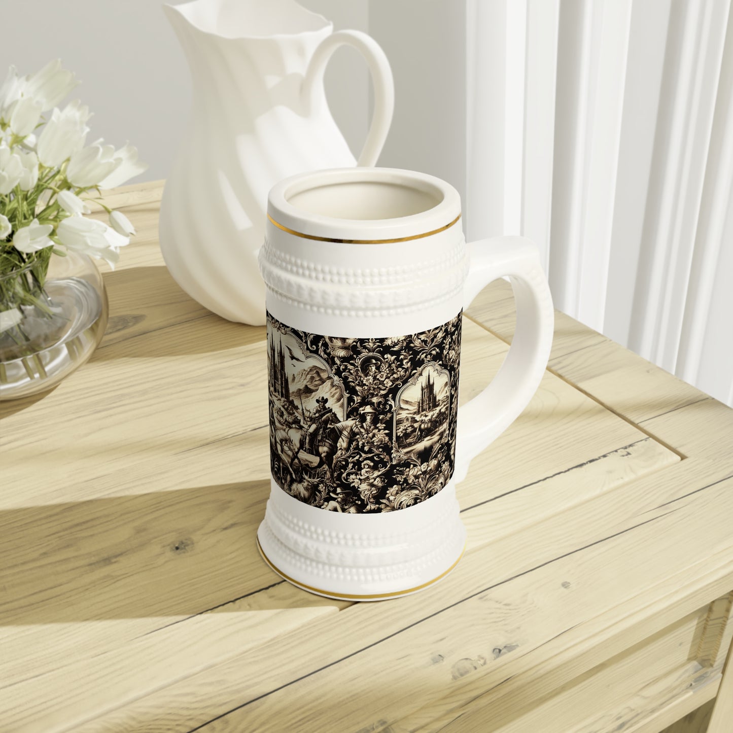 Ceramic Beer Mug, Western Gothic Toile Stein Mug