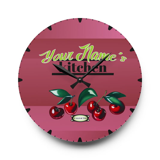 Personalized Retro Kitchen Wall Clock with Cherry Design - Personalized Kitchen Decor