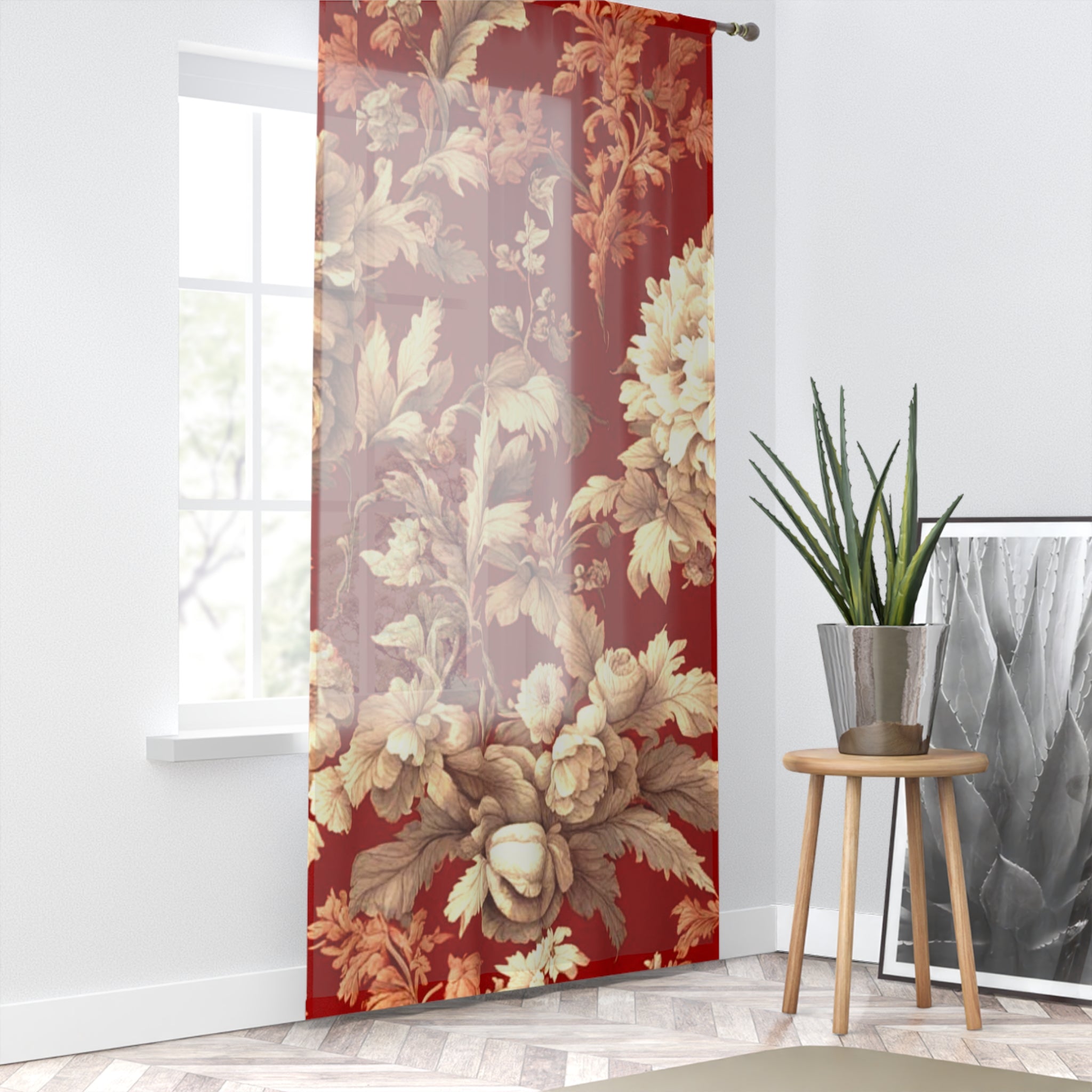 Vintage Floral Window Curtain — Red Baroque Rose Drapery