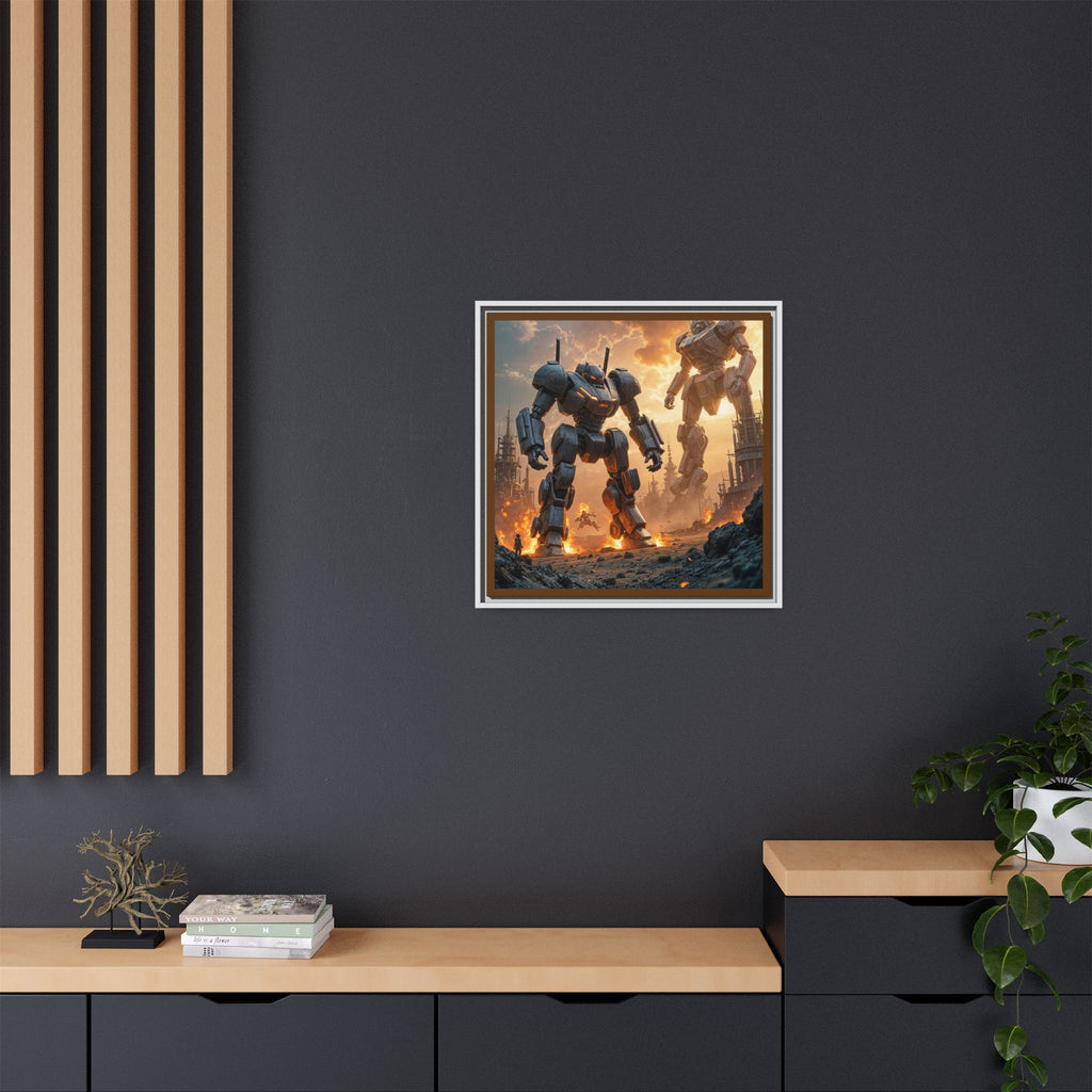 Framed Matte Canvas - Giant Mech Battle Scene Wall Art