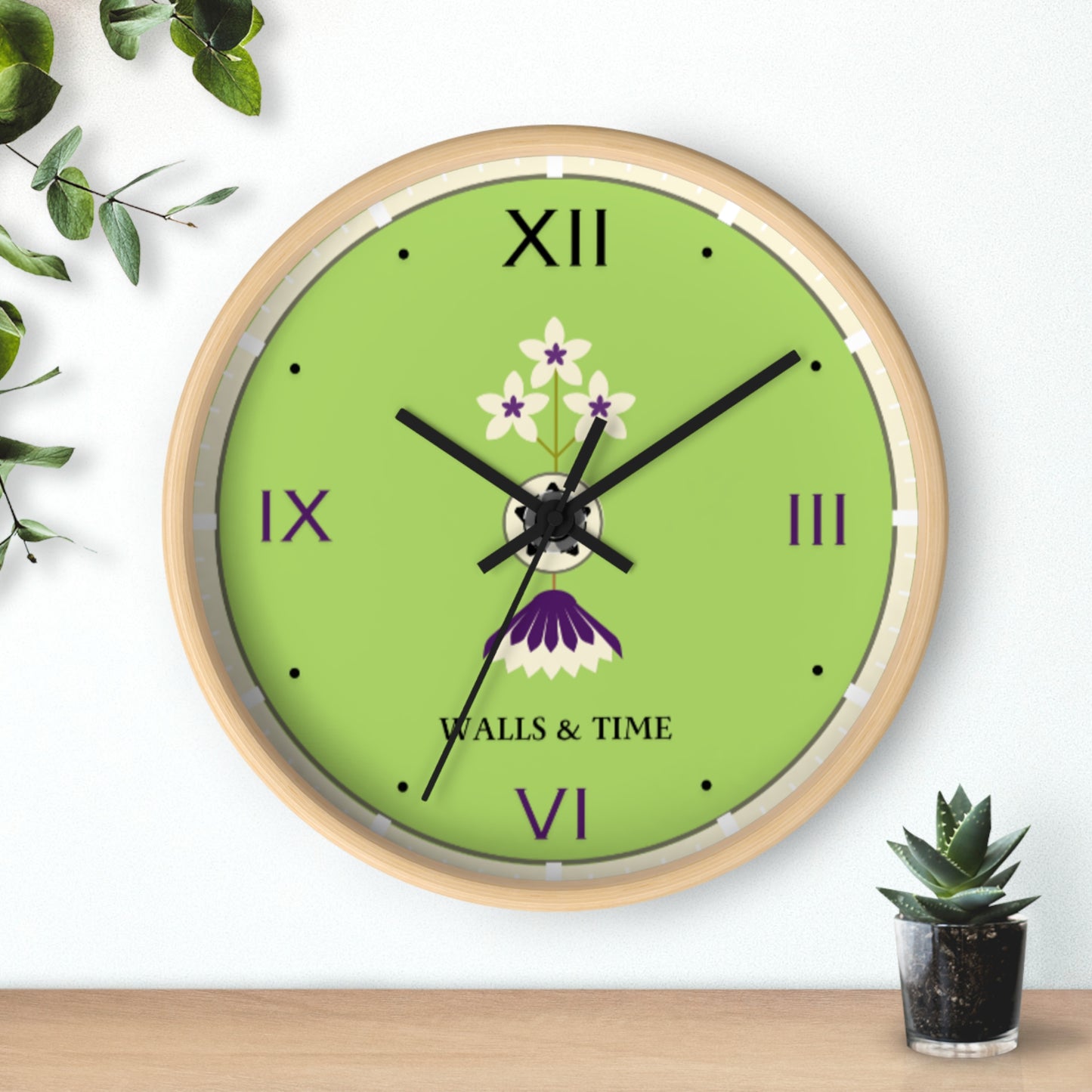 Decorative Silent Wall Clock, Light Green, Floral