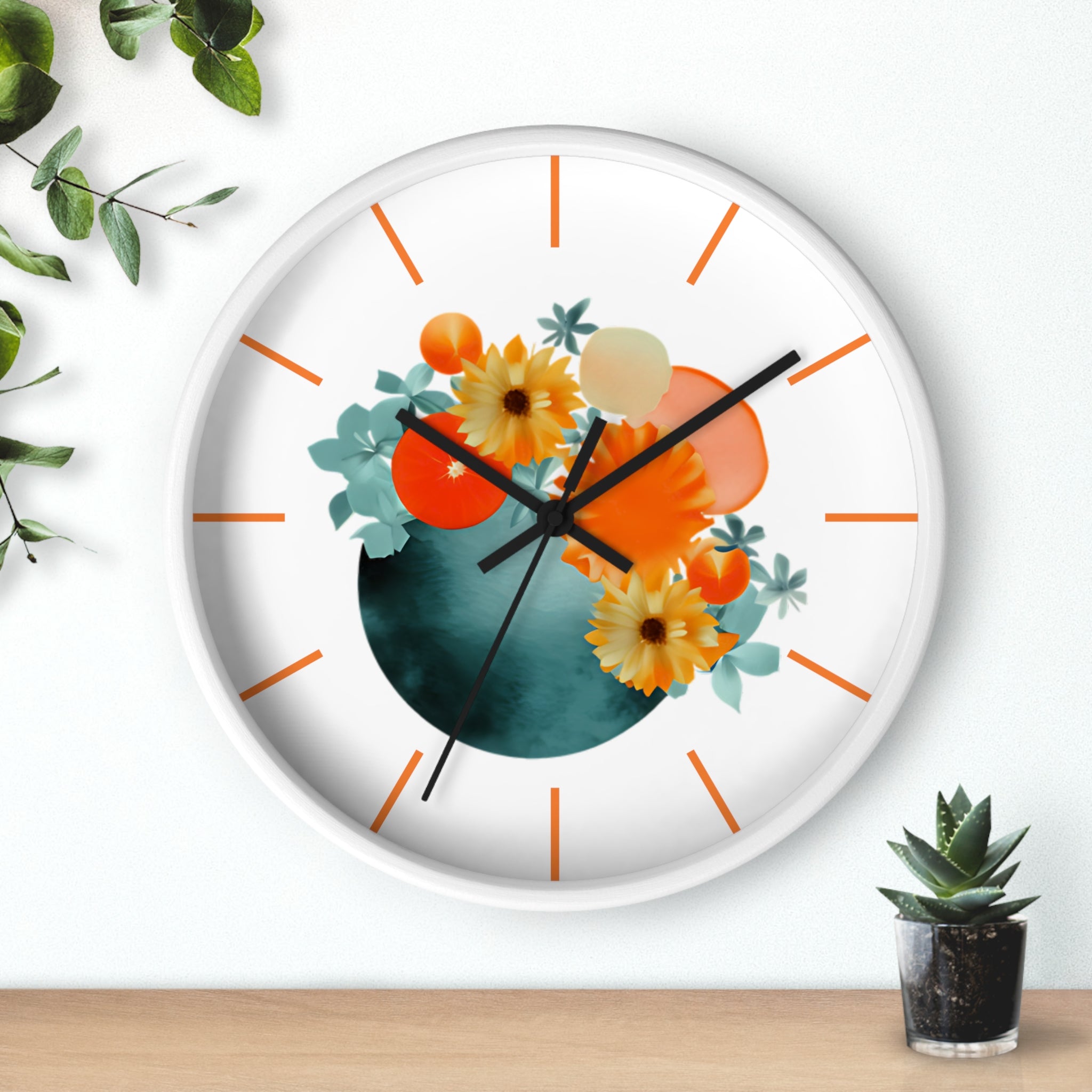 Wall Clock, with Abstract Art, Turquoise Orange