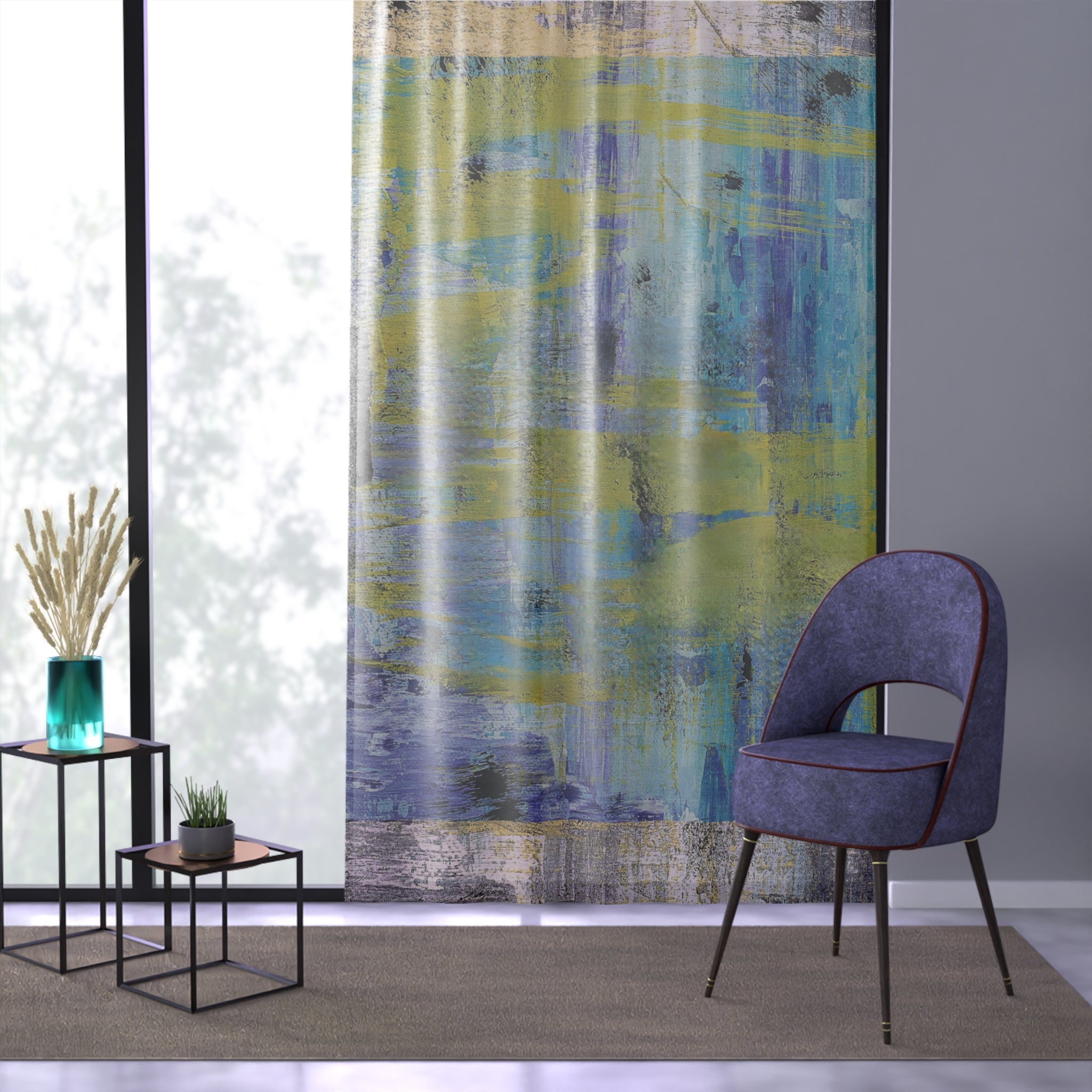 Sheer Abstract Painterly Window Curtain – Blue, Green & Yellow Sheer Drapery