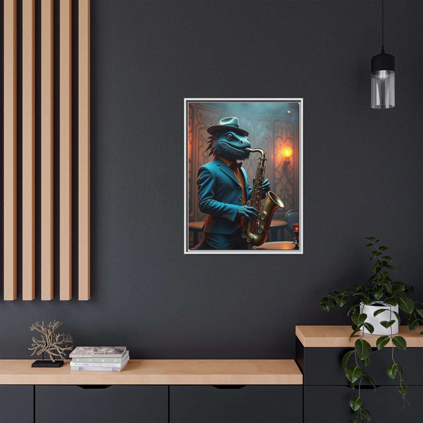 Bearded Dragon Playing the Saxophone Wall Artrt Print on Canvas, Framed (Multi-color)