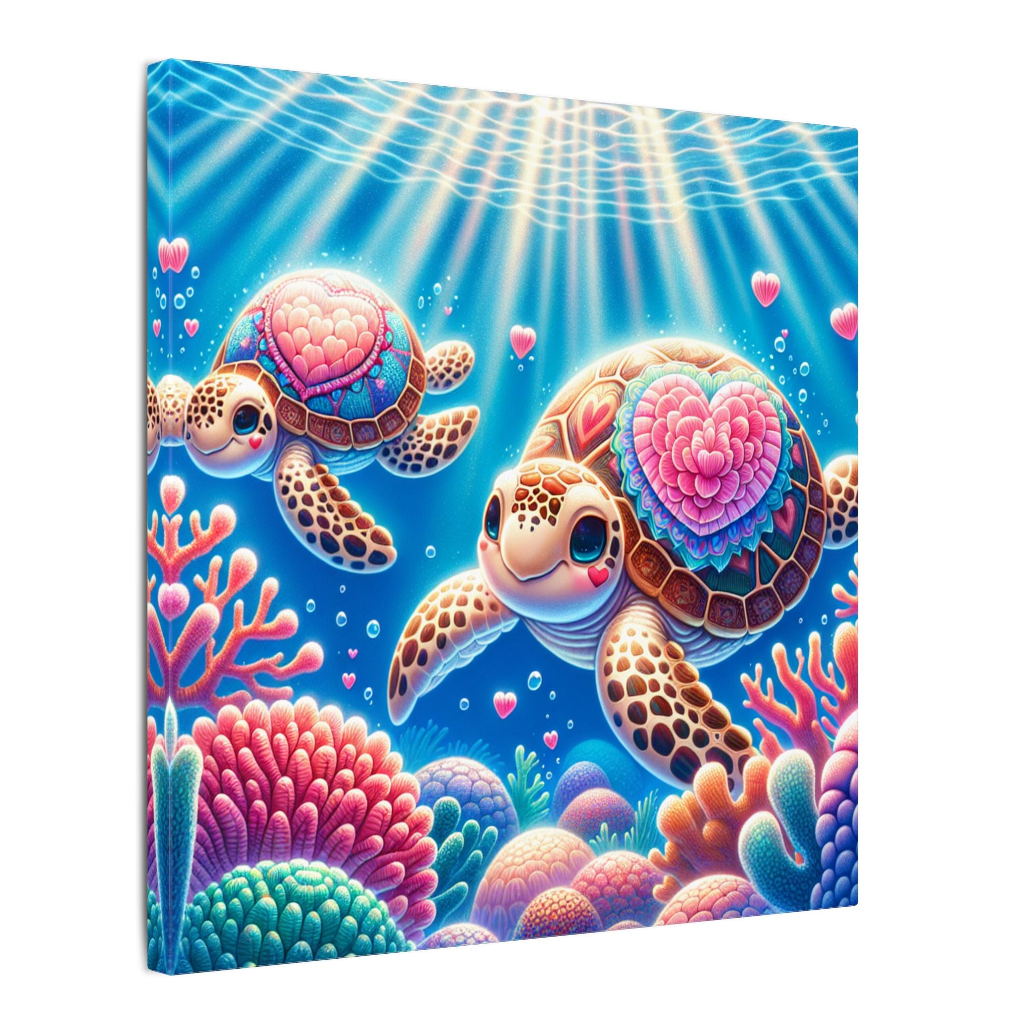 Sea Turtle Canvas Wall Art — Colorful Heart Shells Ocean Print