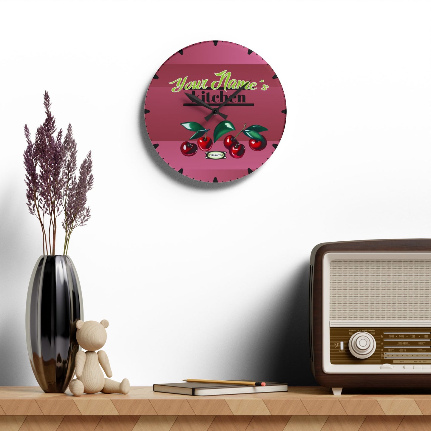 Personalized Retro Kitchen Wall Clock with Cherry Design - Personalized Kitchen Decor