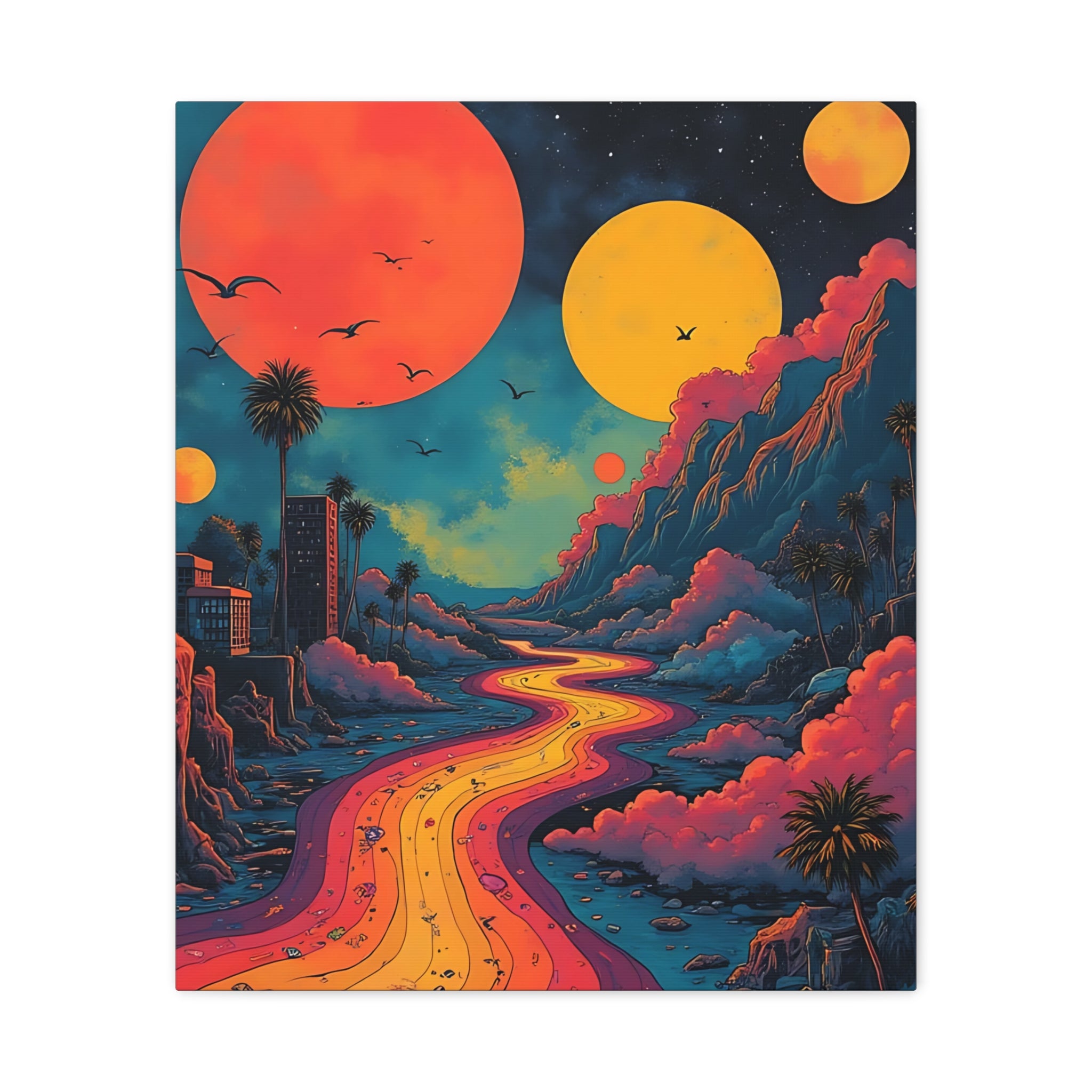 Psychedelic Sunset River Canvas Wall Art — Vibrant Retro Landscape Matte Stretched Print