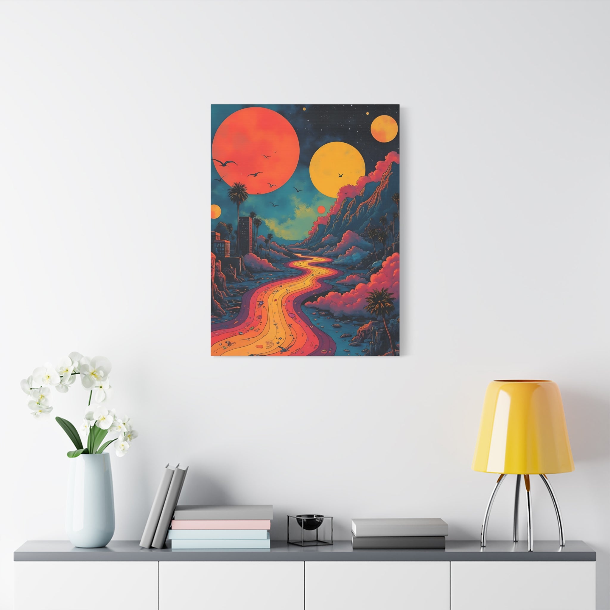 Psychedelic Sunset River Canvas Wall Art — Vibrant Retro Landscape Matte Stretched Print