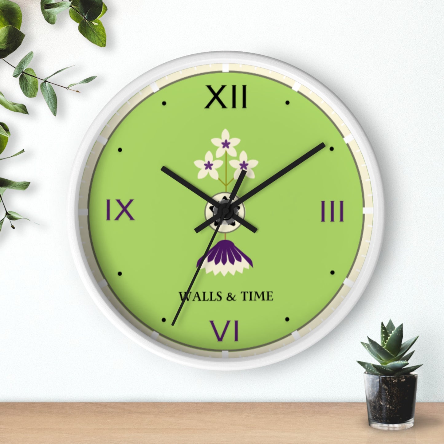 Decorative Silent Wall Clock, Light Green, Floral